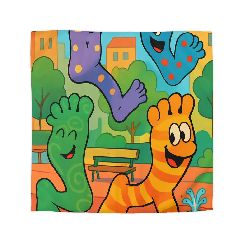 Housse de couette ludique avec motifs pieds colorés dans un parc joyeux urbain