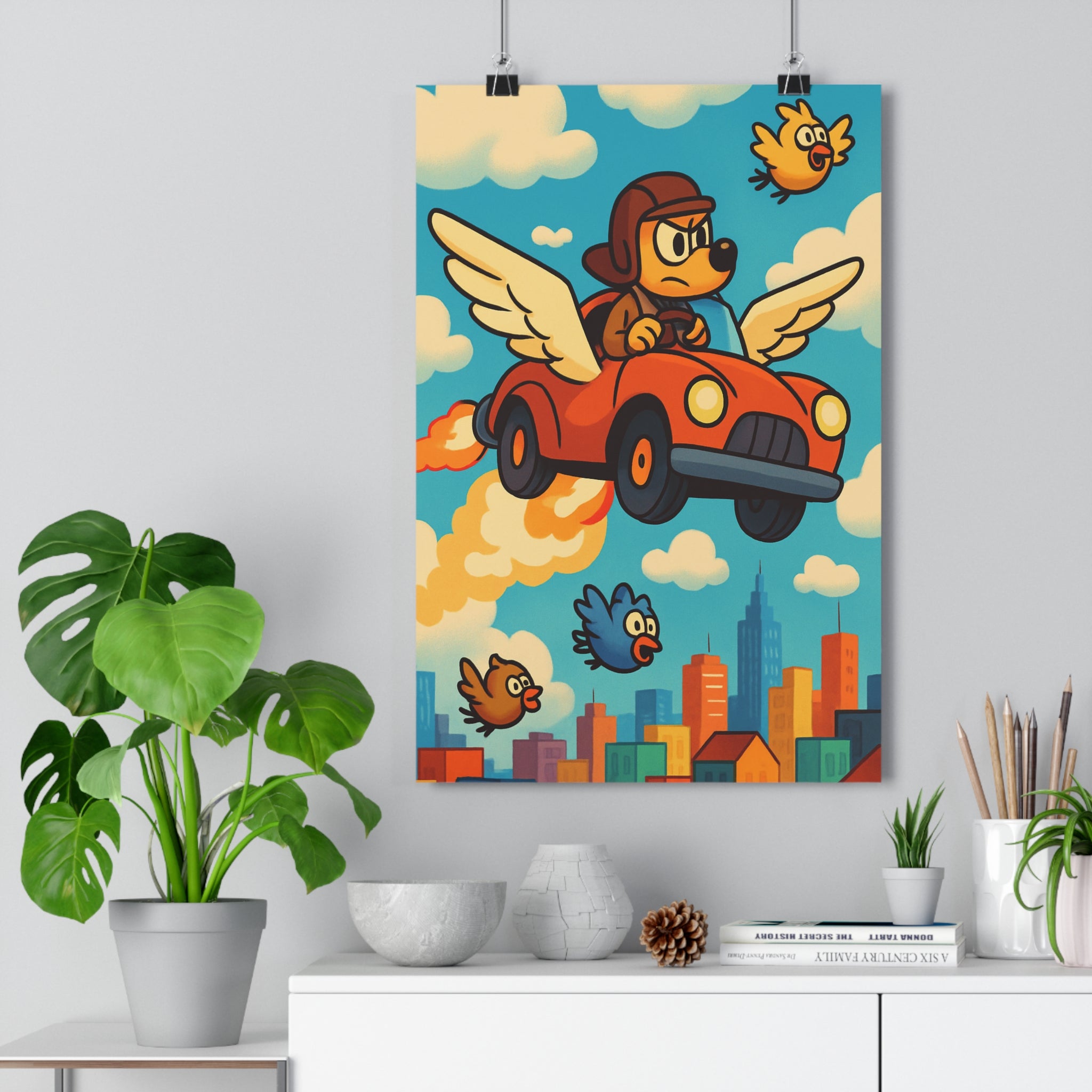 Poster décoratif cartoon ciel bleu rouge chien volant humoristique salon chambre enfant gaieté fantaisie