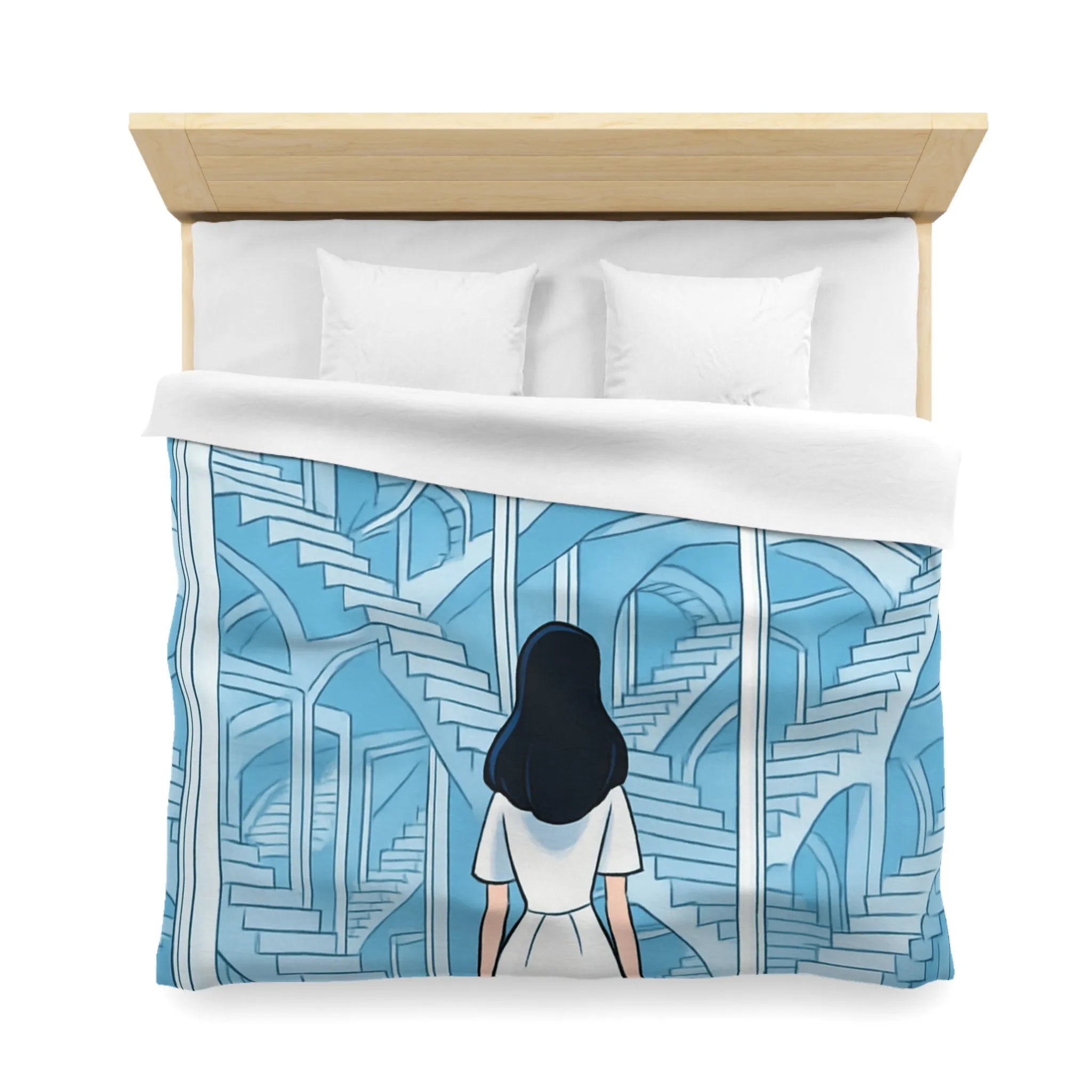 Housse de couette escalier infini en bleu avec femme en robe blanche contemporaine