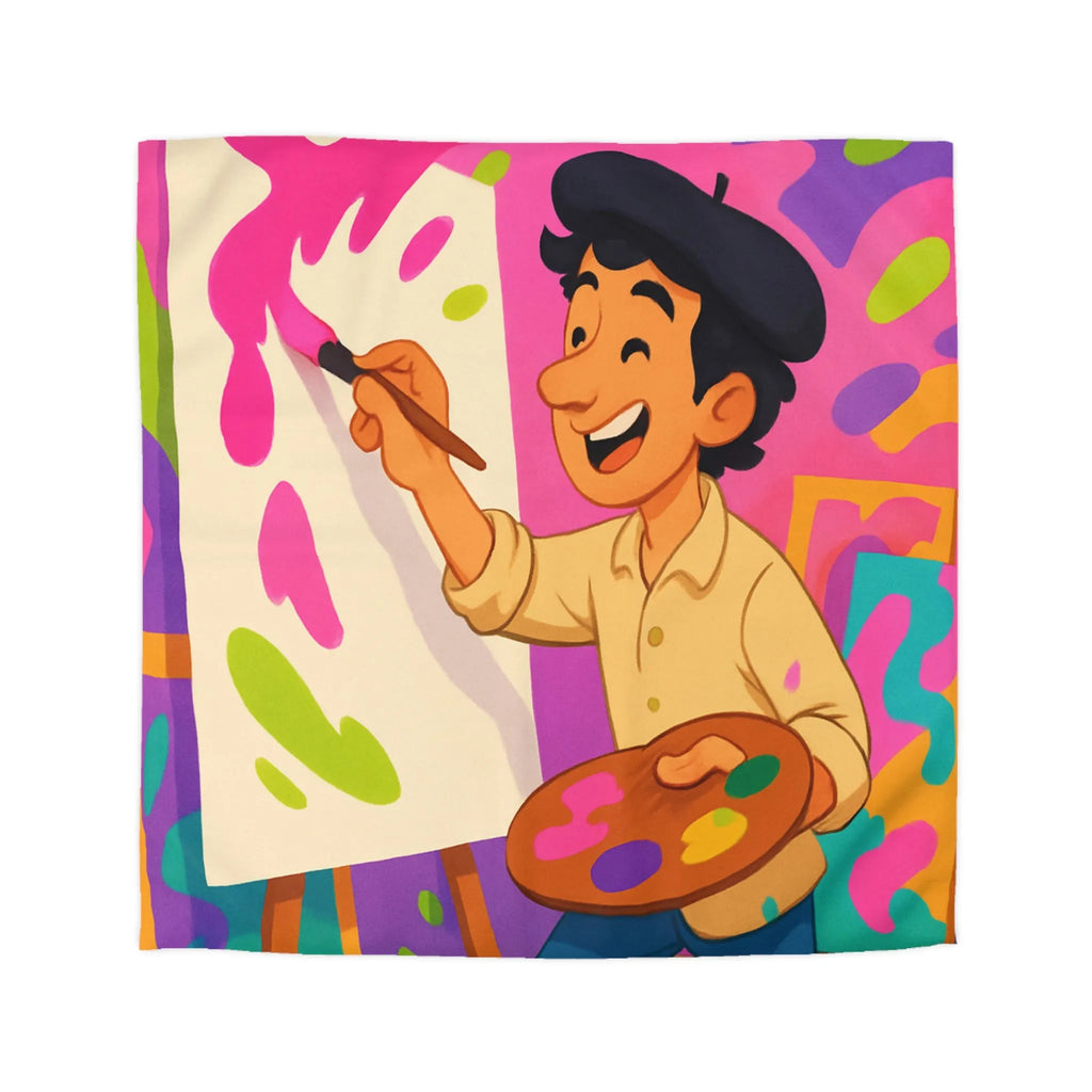 Housse de couette colorée avec artiste joyeux peignant des éclaboussures lumineuses abstraites