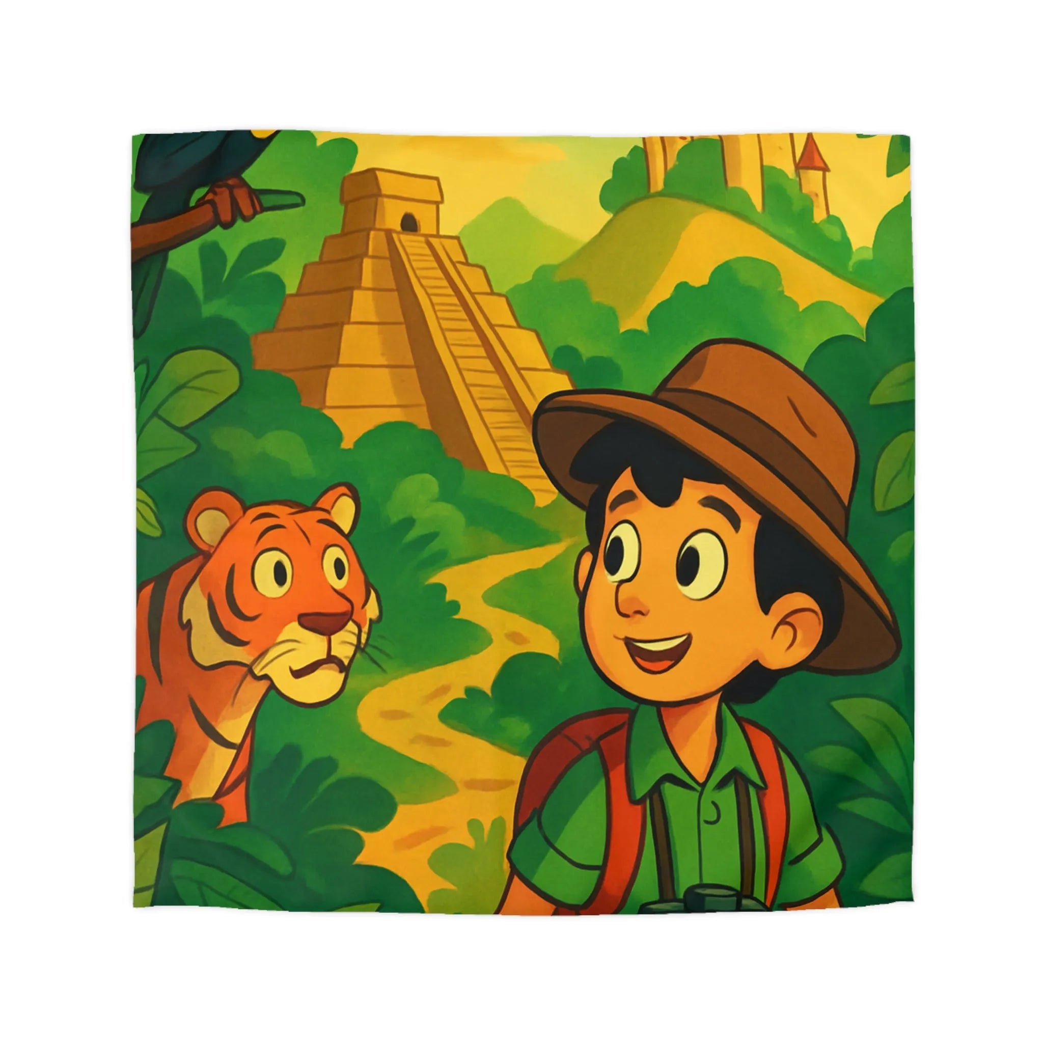 Housse de couette aventure jungle pour enfants avec château et animaux exotiques colorés