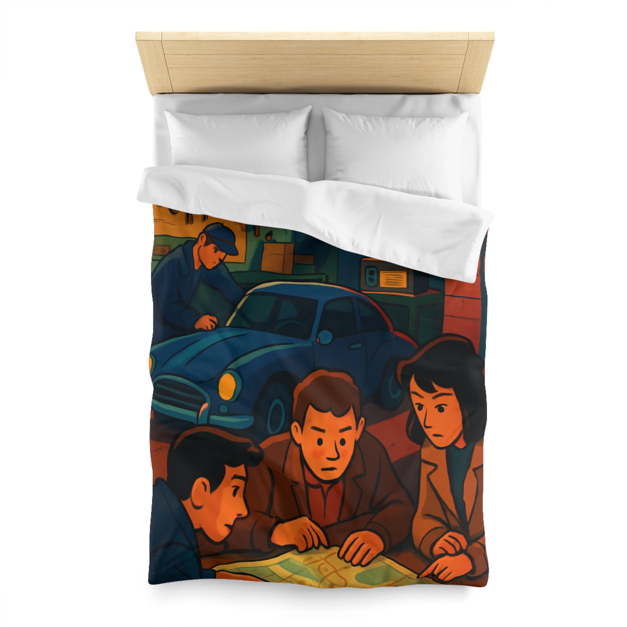 Housse de couette vintage ambiance atelier auto avec carte et personnages concentrés