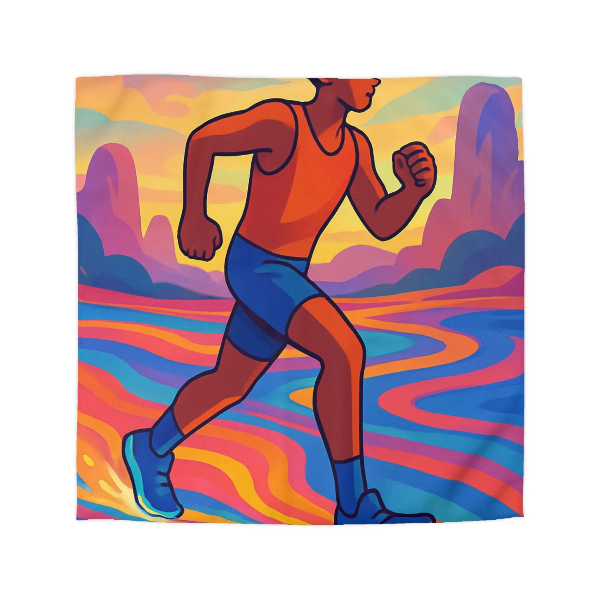 Housse de couette colorée avec silhouette sportive vibrant dans un paysage surréaliste abstrait