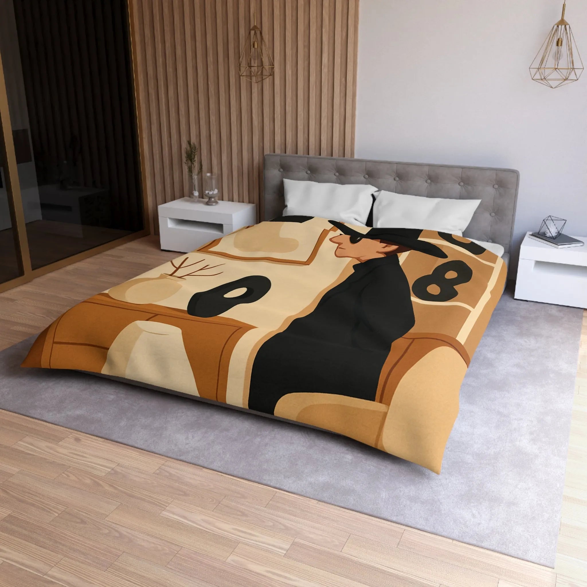 Élégant homme en noir dans salon moderne minimaliste aux accents artistiques abstraits