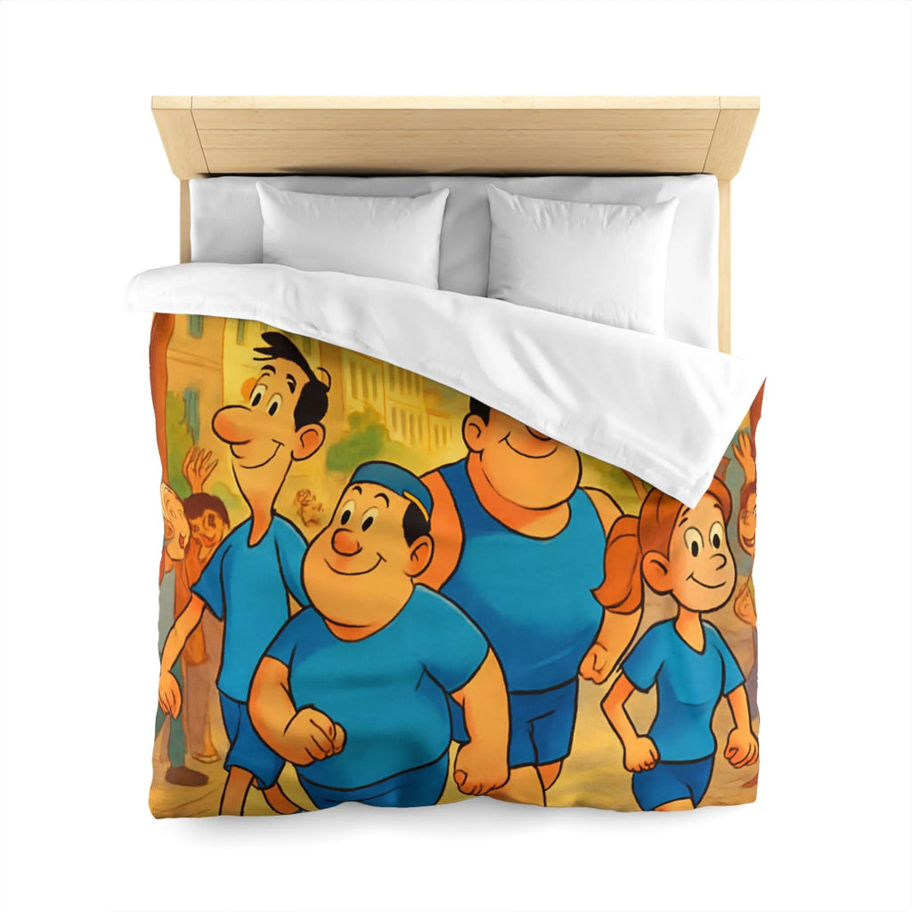 Housse de couette colorée avec personnages marchant joyeusement dans une rue animée