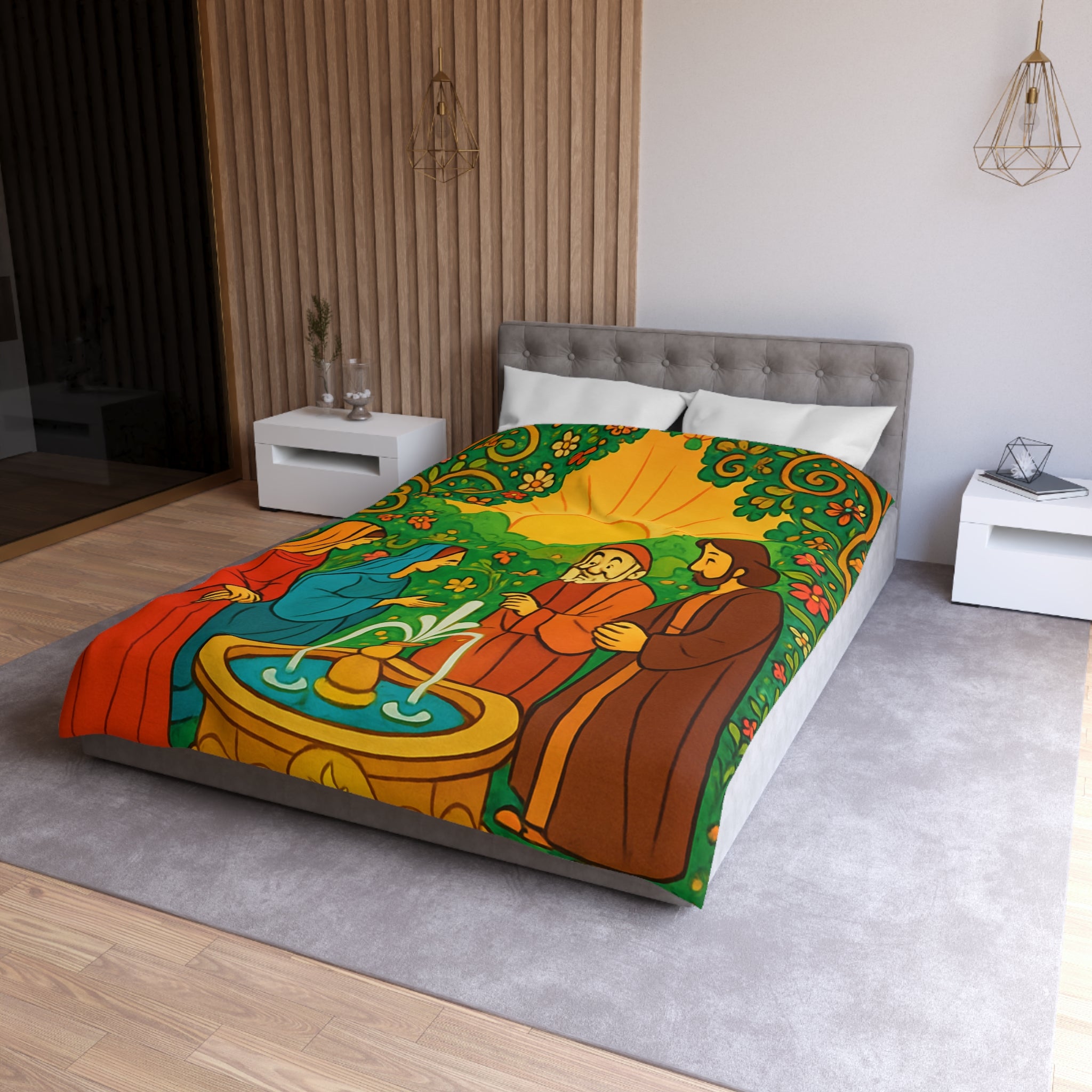 Housse de couette vibrante avec scène florale colorée et figures en discussion harmonieuse