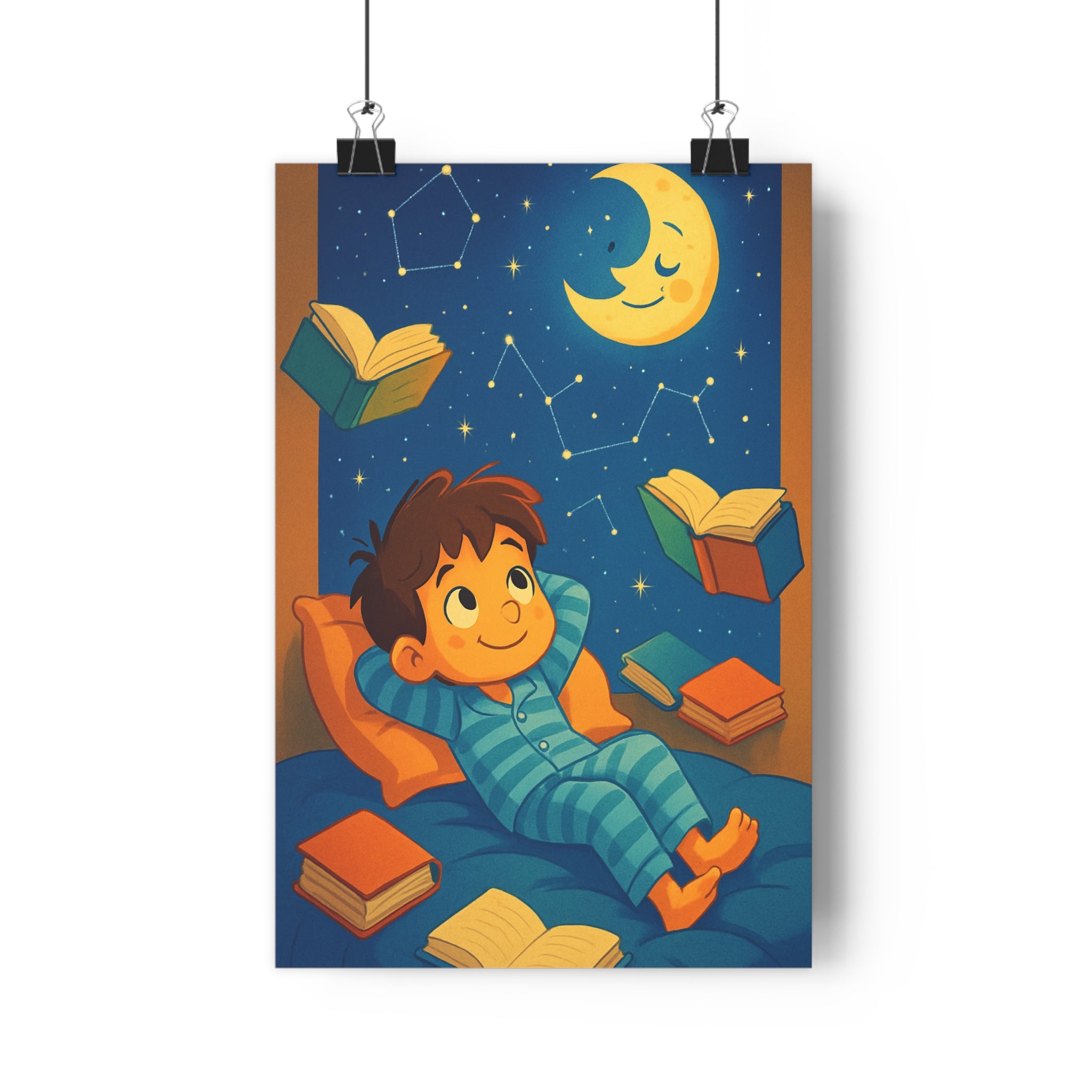 Poster décoratif enfant magique étoiles constellation lune pyjama bleu rêve fantaisie chambre apaisante qualité