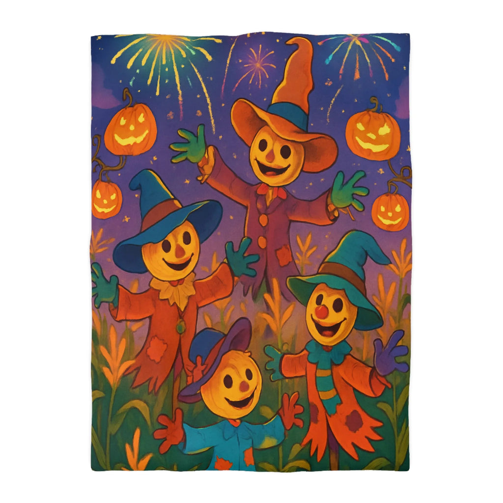 Housse de couette joyeux épouvantails et citrouilles lumineuses pour ambiance festive et colorée