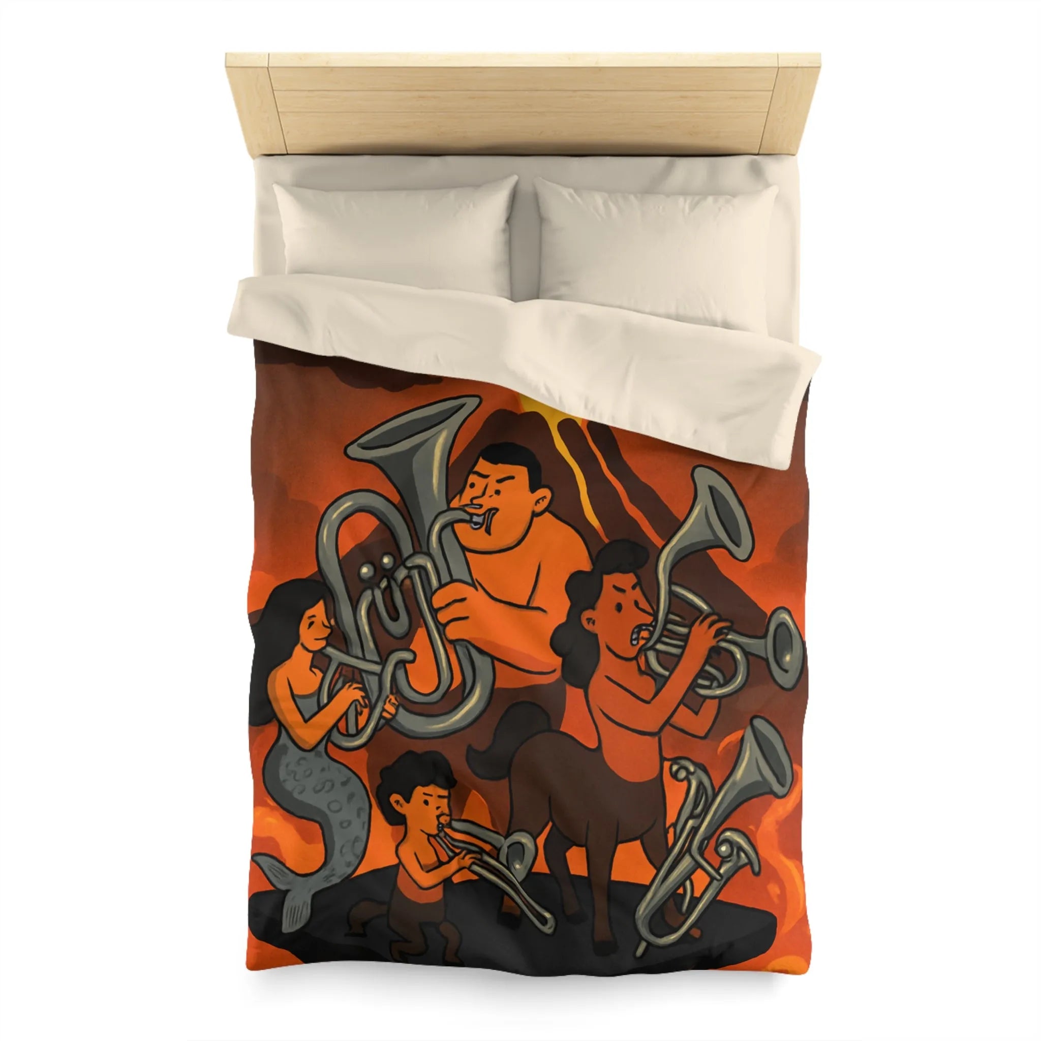 Housse de couette avec design mythique de musiciens sur fond volcanique flamboyant