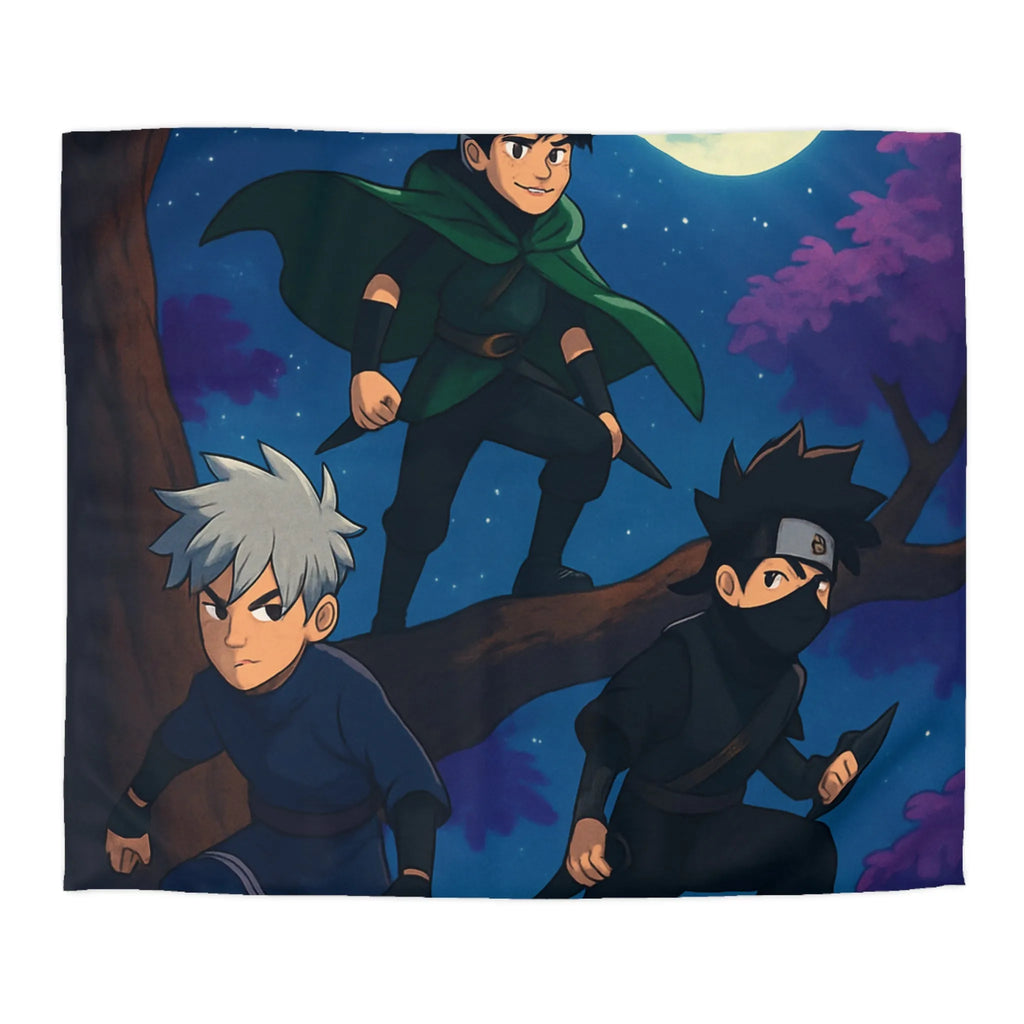 Housse de couette avec trois jeunes ninjas sous la pleine lune et ciel étoilé