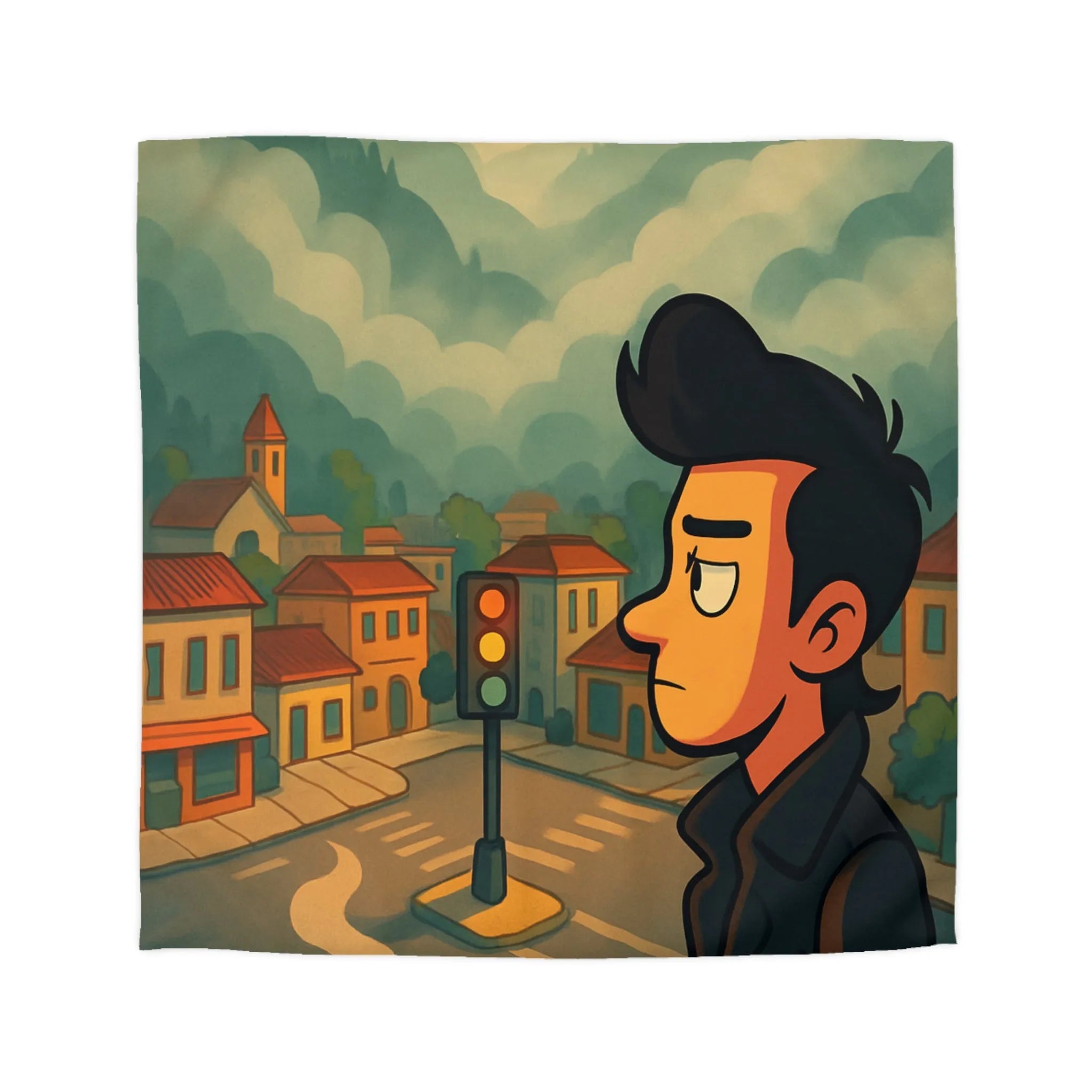 Housse de couette illustrée avec homme pensif, village pittoresque et montagnes apaisantes