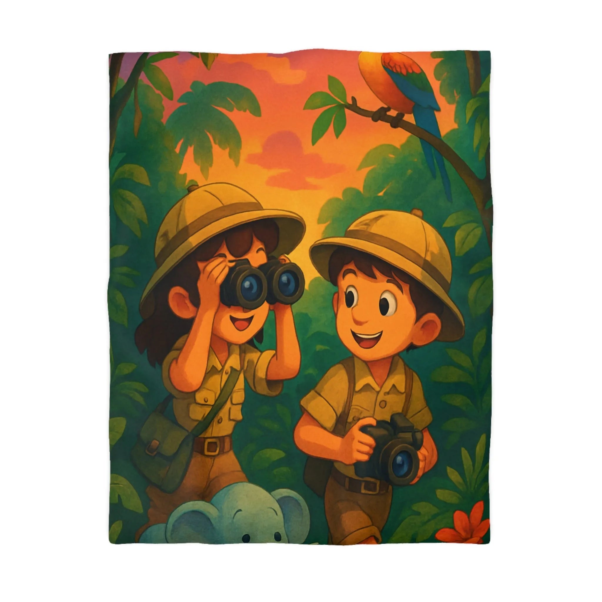 Housse de couette jungle colorée avec enfants explorateurs, perroquet et éléphant mignon