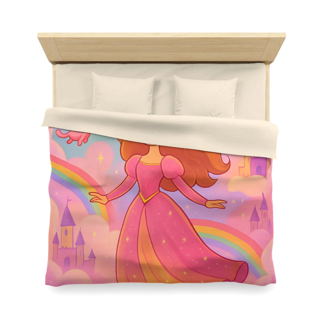 Housse de couette féerique avec princesse et animaux volants, arc-en-ciel pastel doux