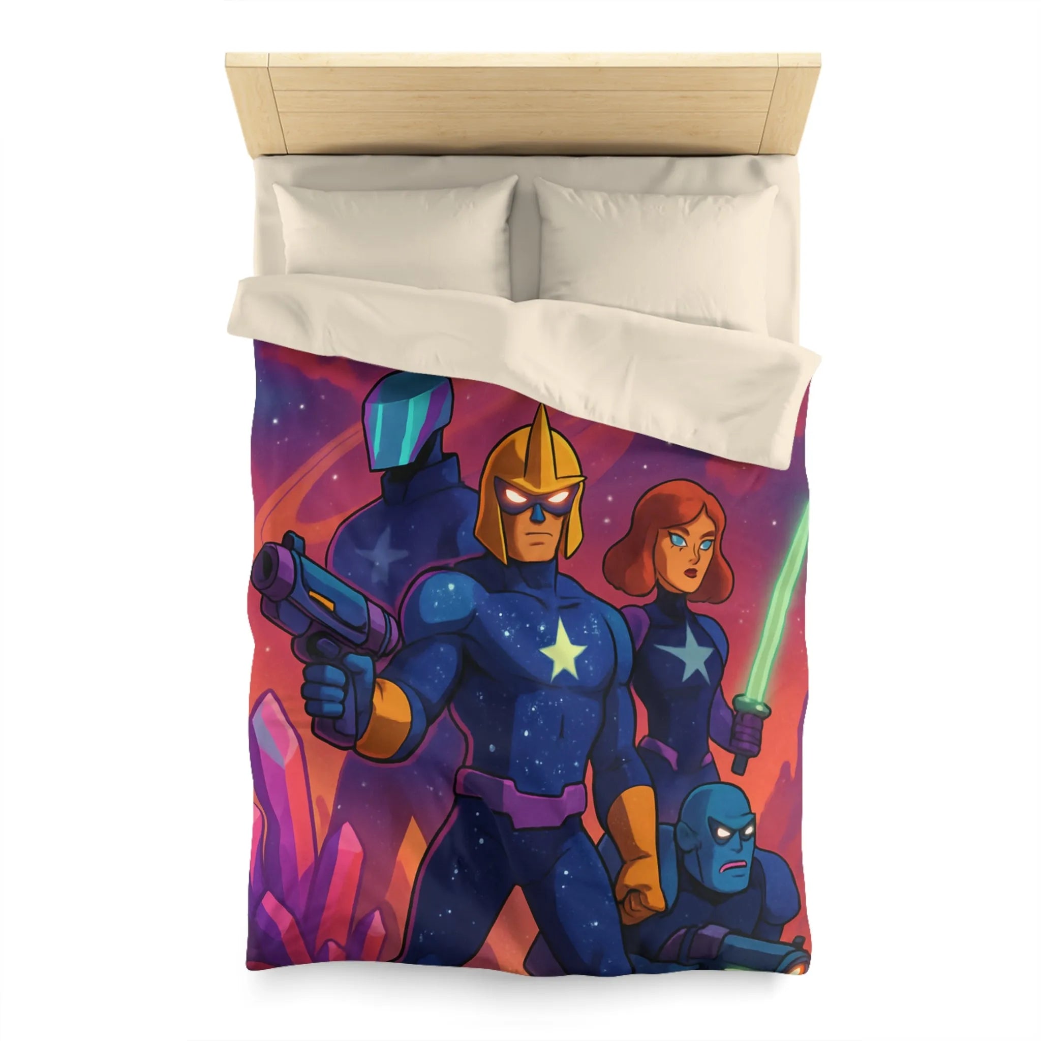 Équipe de héros galactiques armés dans une scène spatiale vibrante avec cristaux