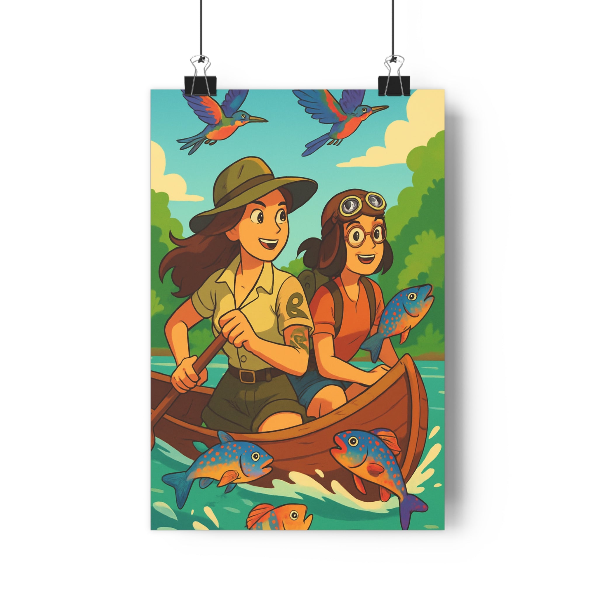 Poster décoratif cartoon aventure coloré joyeux rivière oiseaux poissons chambre enfant nature dynamique qualité