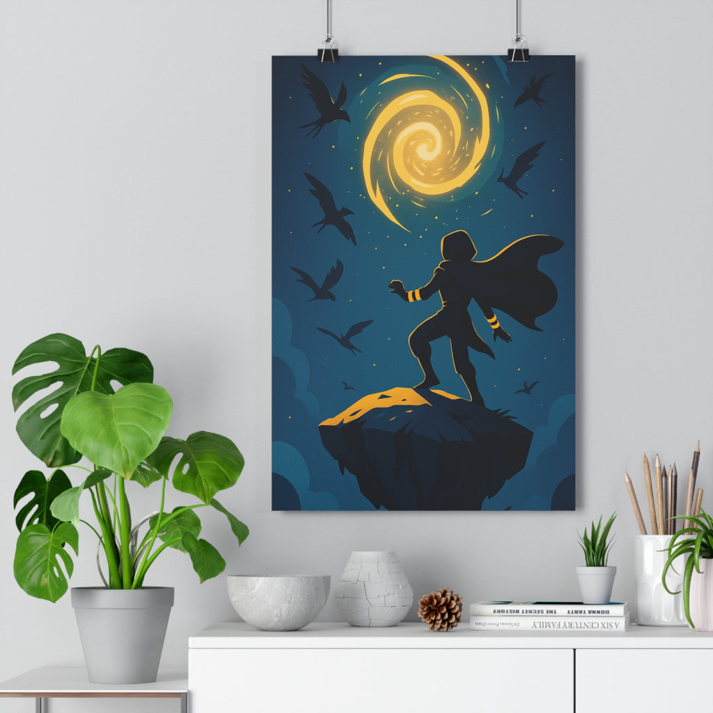 Poster décoratif mystique silhouette sombre bleu doré artistique chambre salon tendance qualité captivante étoilé