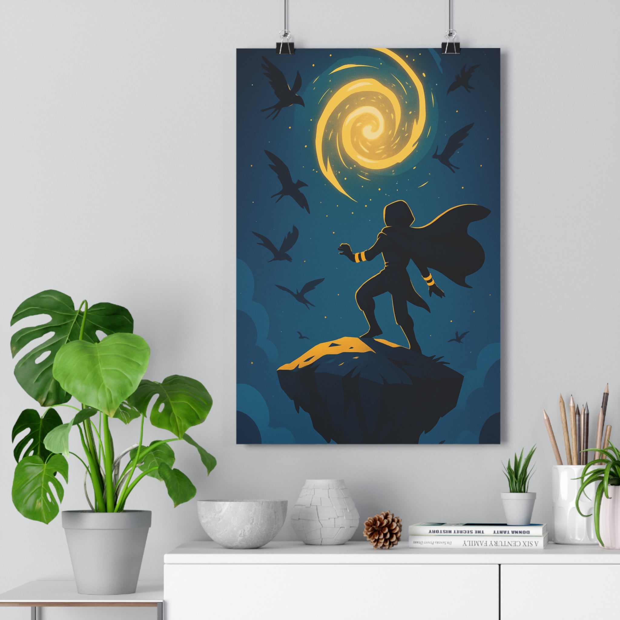 Poster décoratif mystique silhouette sombre bleu doré artistique chambre salon tendance qualité captivante étoilé