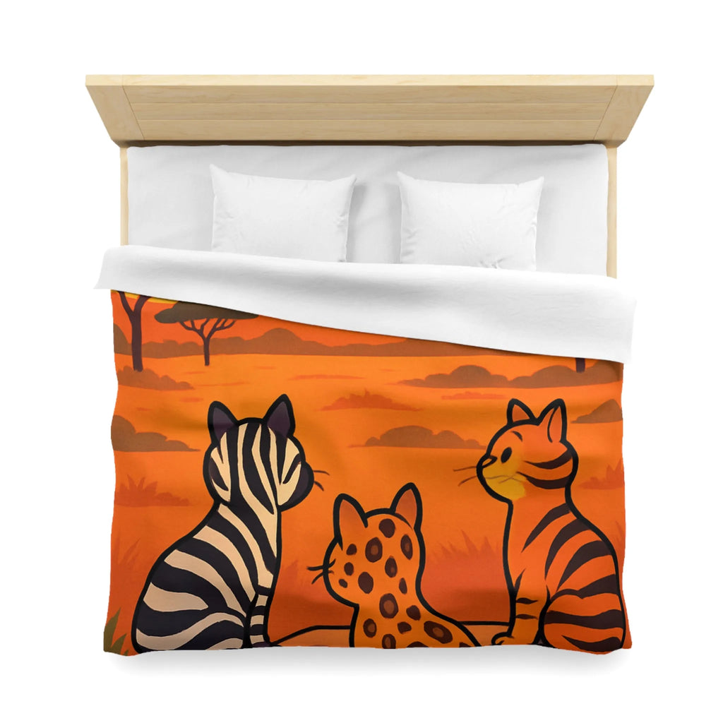 Housse de Couette avec Chats Sauvages Observant le Coucher de Soleil en Savane Africaine