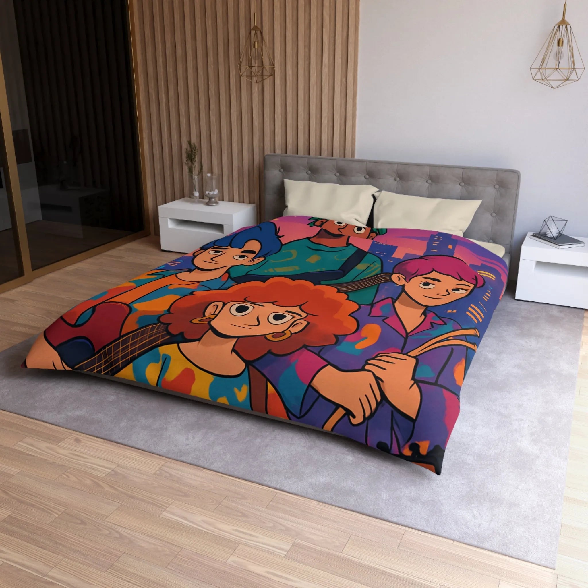 Housse de couette colorée avec groupe de musiciens devant un paysage urbain nocturne