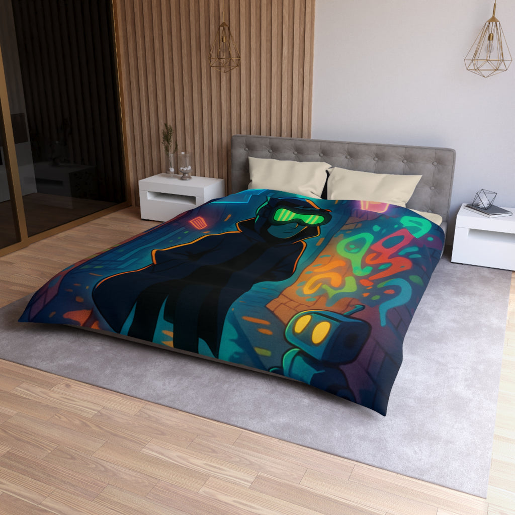 Housse de couette néon, ruelle urbaine cyberpunk avec technologie futuriste et graffitis colorés