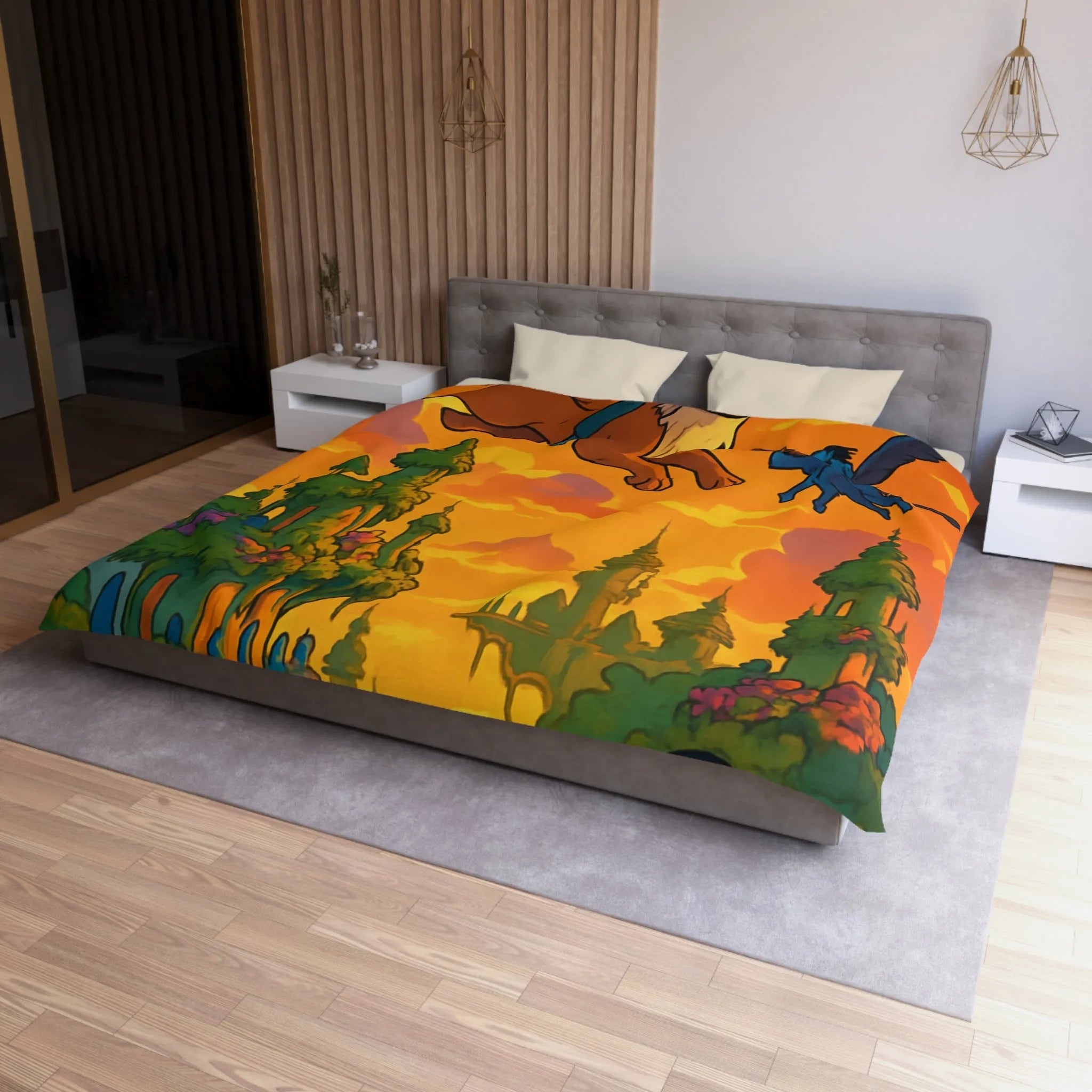 Housse de couette magique avec créatures volantes et paysage fantastique au coucher du soleil