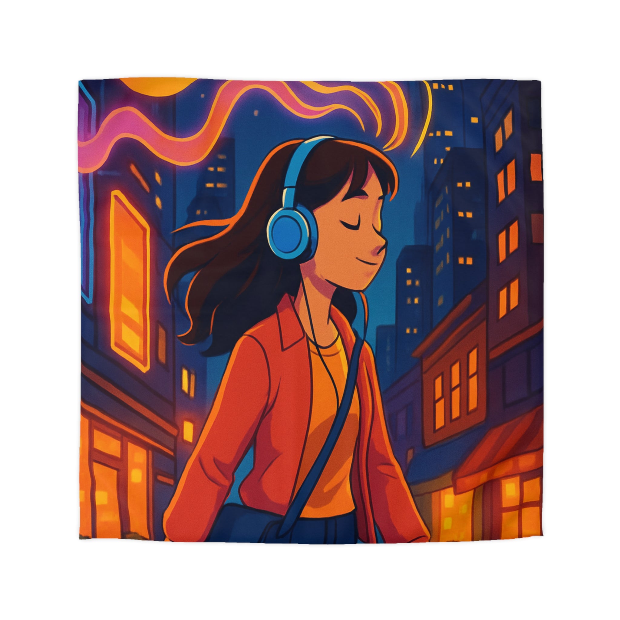 Housse de couette urbaine avec illustration vibrante de nuit et ambiance musicale