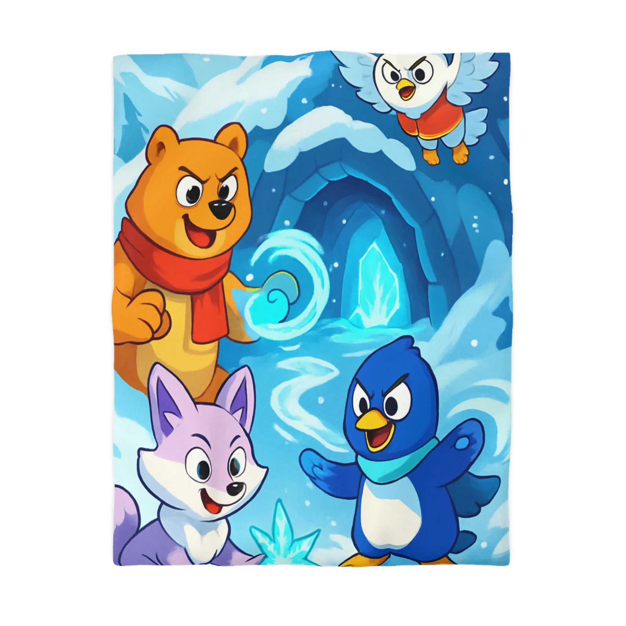 Housse de couette avec animaux animés dans un paysage hivernal magique et enneigé