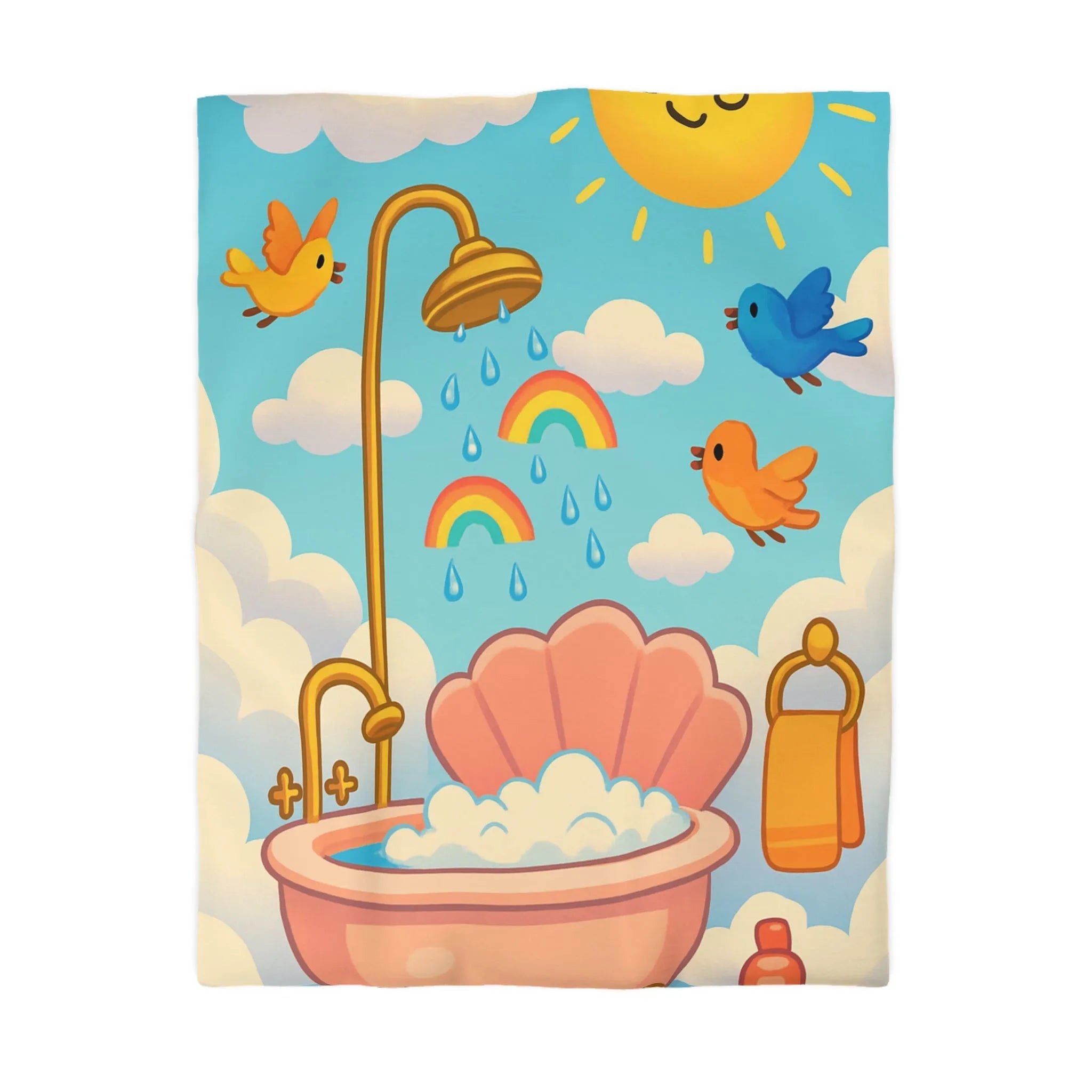 Housse de couette colorée enfants bain nuages pluie arc-en-ciel oiseaux soleil