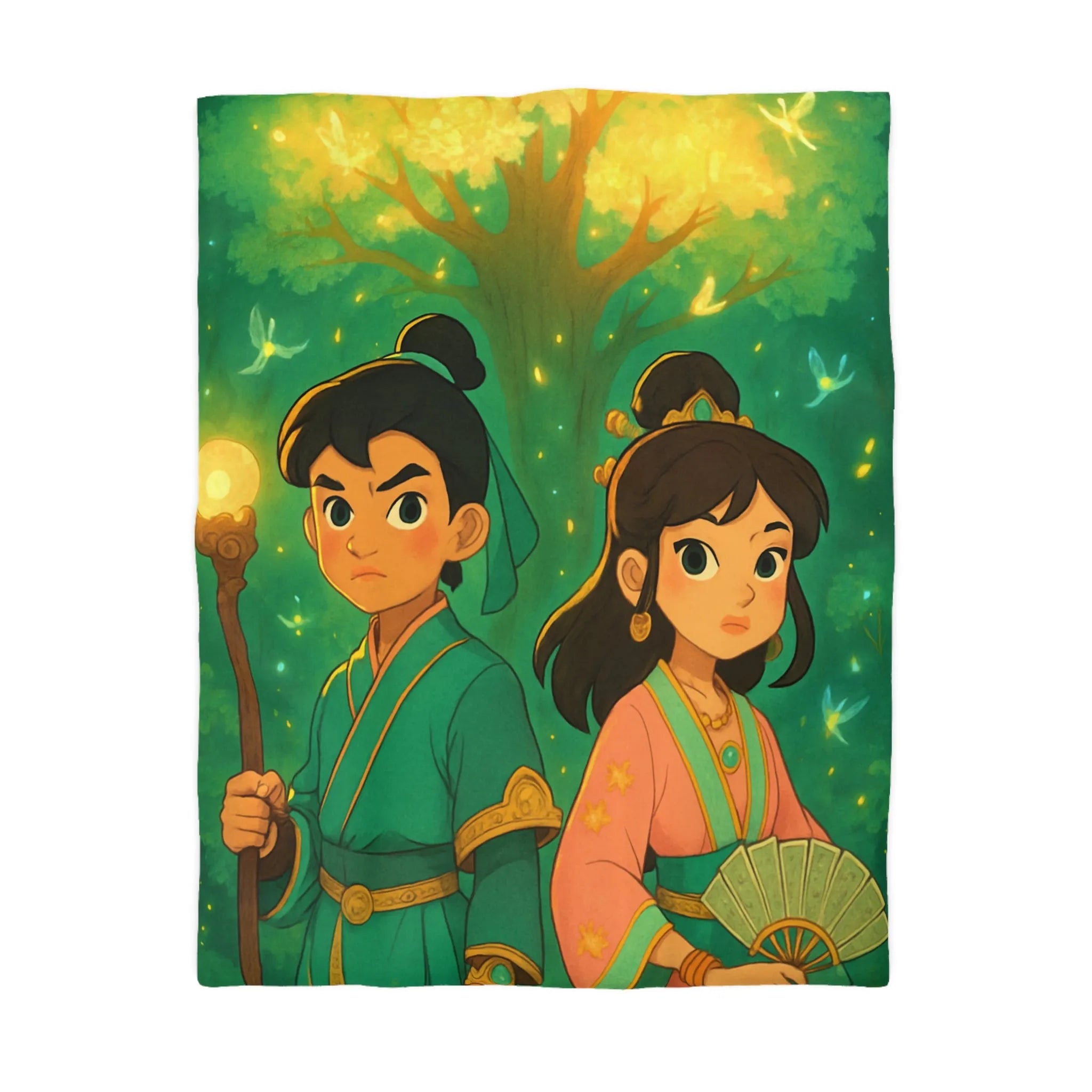 Housse de Couette Féérique Enfants avec Arbre Lumineux et Personnages Style Fantasy Coloré