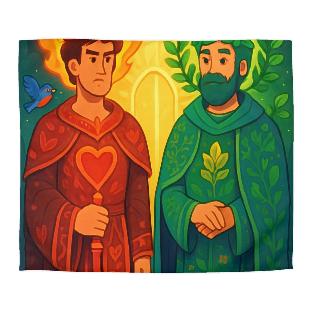 Housse de Couette Colorée avec Illustration Médiévale de Personnages Mystiques et Oiseaux Enchantés