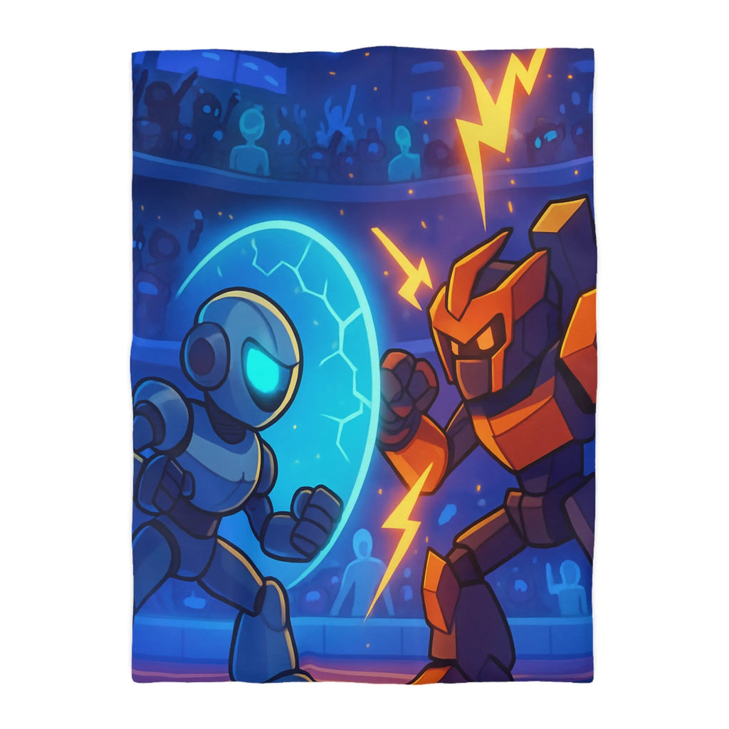 Housse de couette avec robots futuristes en duel, éclairs et énergie dans l'arène