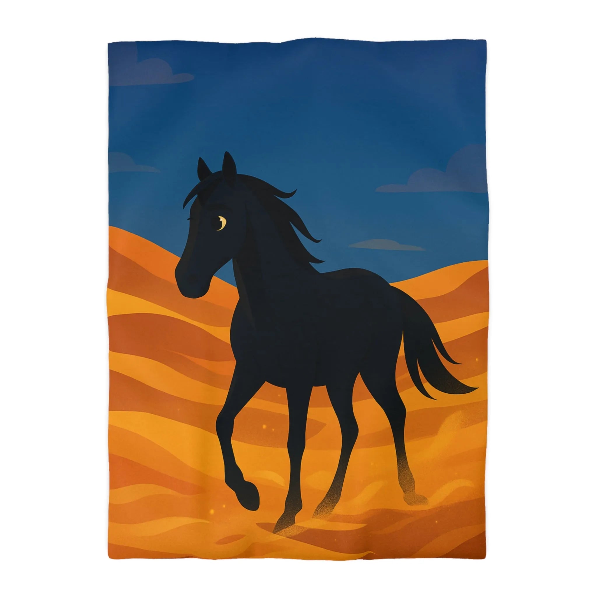 Housse de couette cheval noir galopant sur dunes dorées au crépuscule paisible