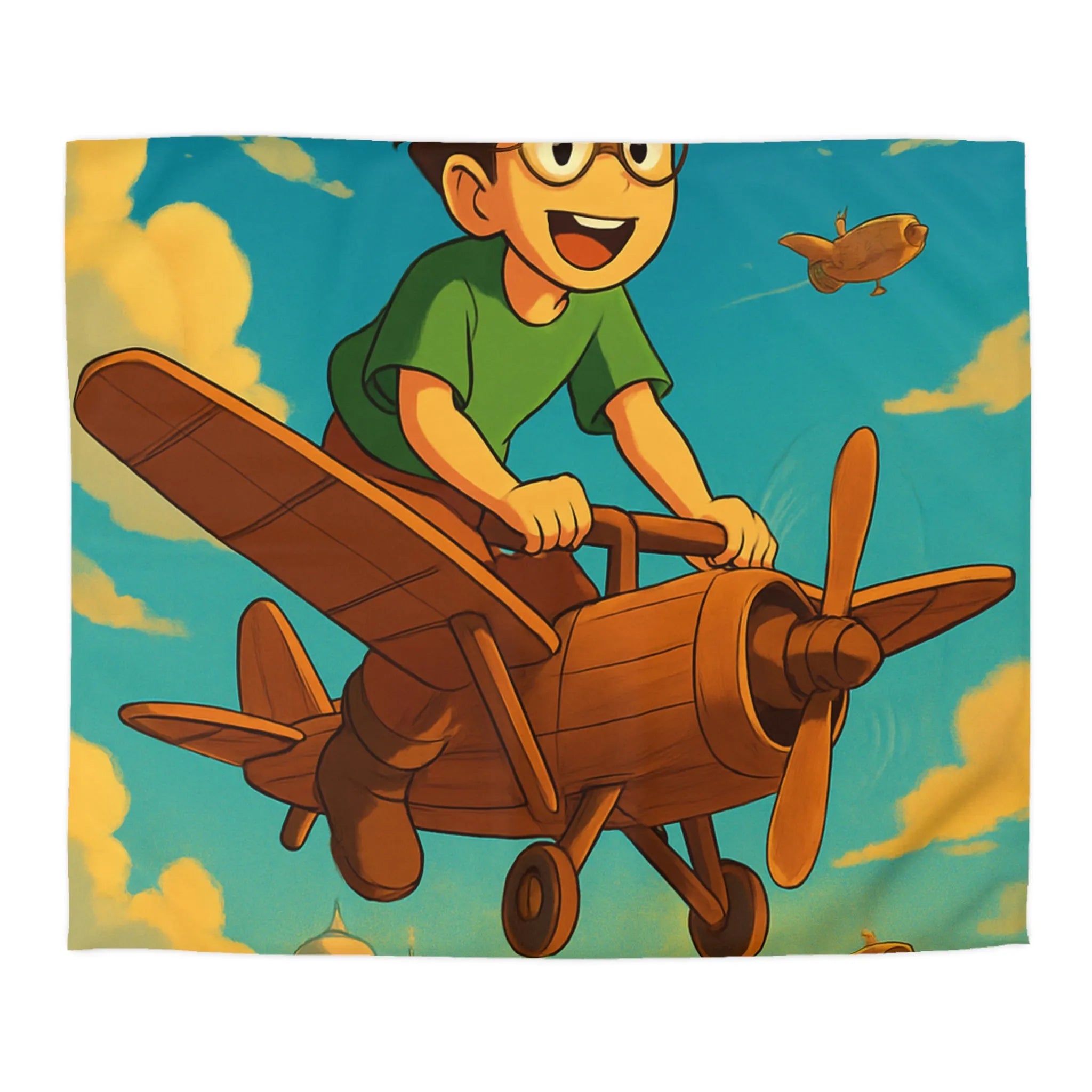 Aventure enfantine avec avion en bois survolant palais nuageux au coucher du soleil