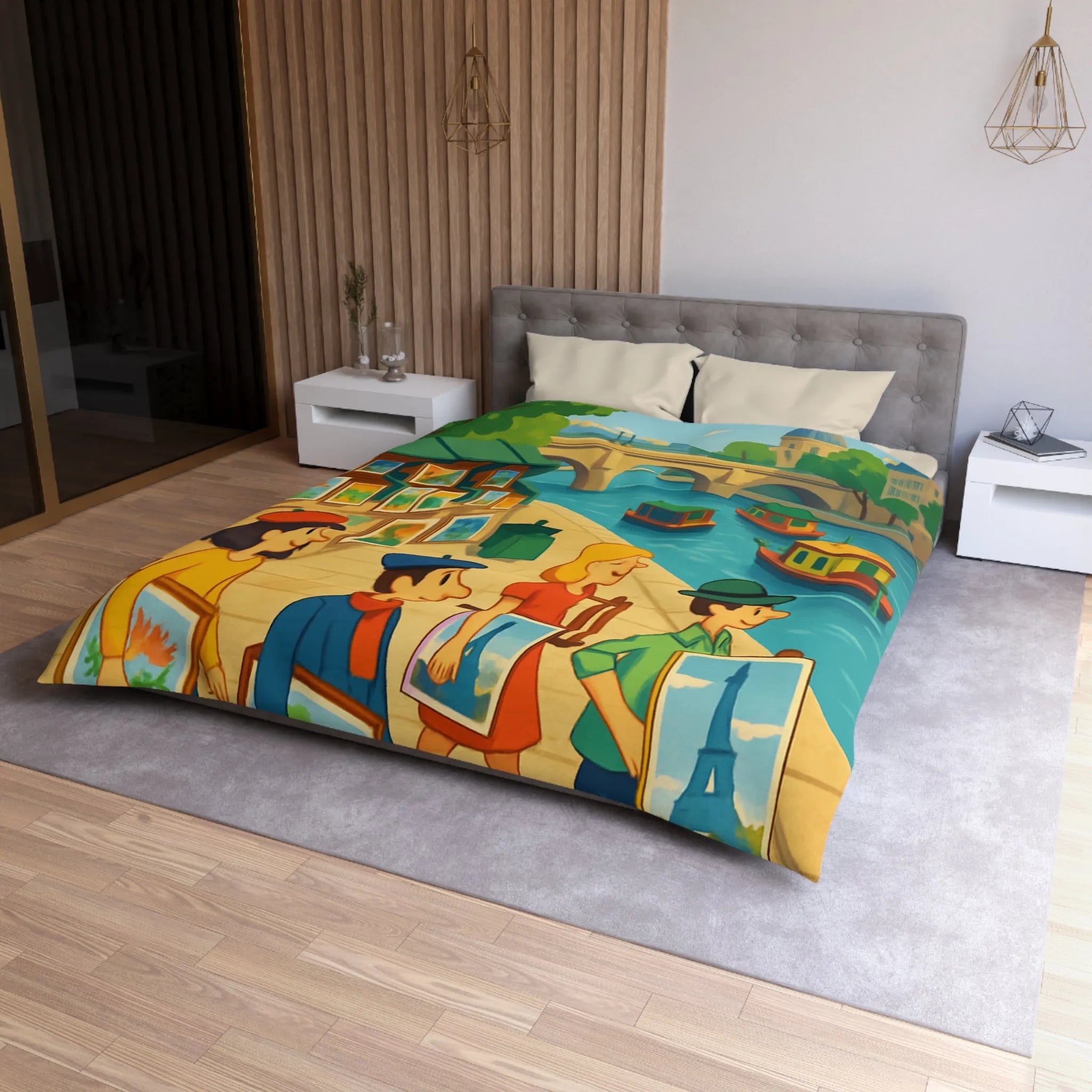 Housse de couette artistique thème parisien avec scènes de quai colorées et peintres joyeux