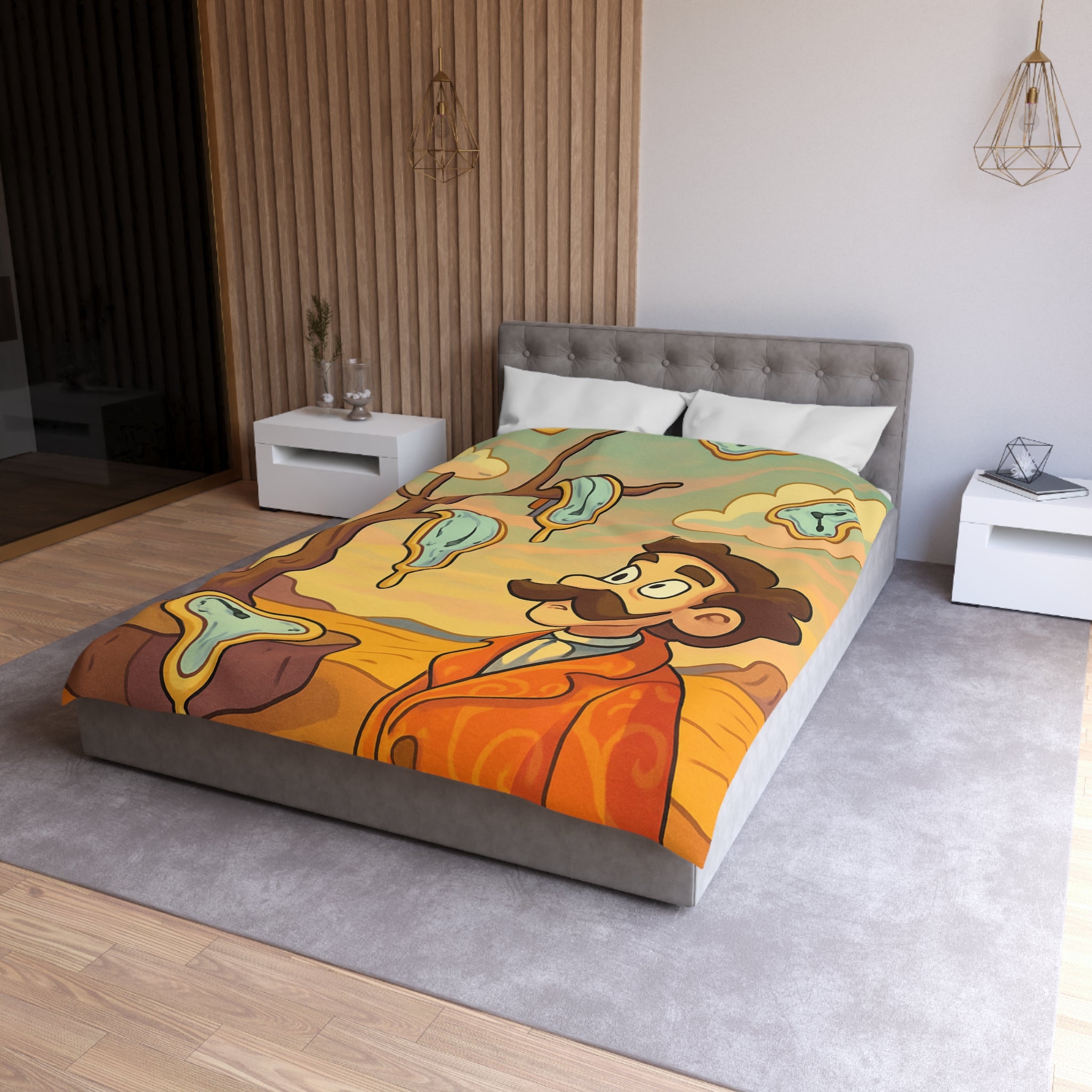 Housse de couette style surréaliste avec montres molles et paysage désertique vibrant