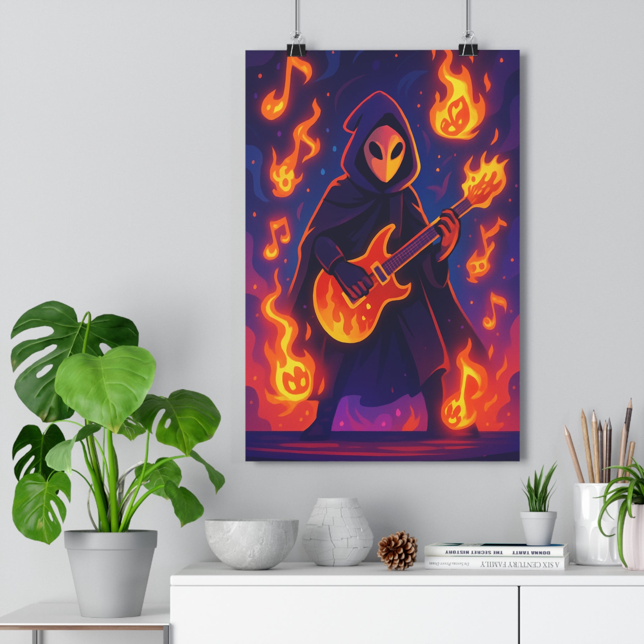 Poster décoratif silhouette mystérieuse violet orange cartoon psychédélique musique énergique guitare flammes personnages chambre