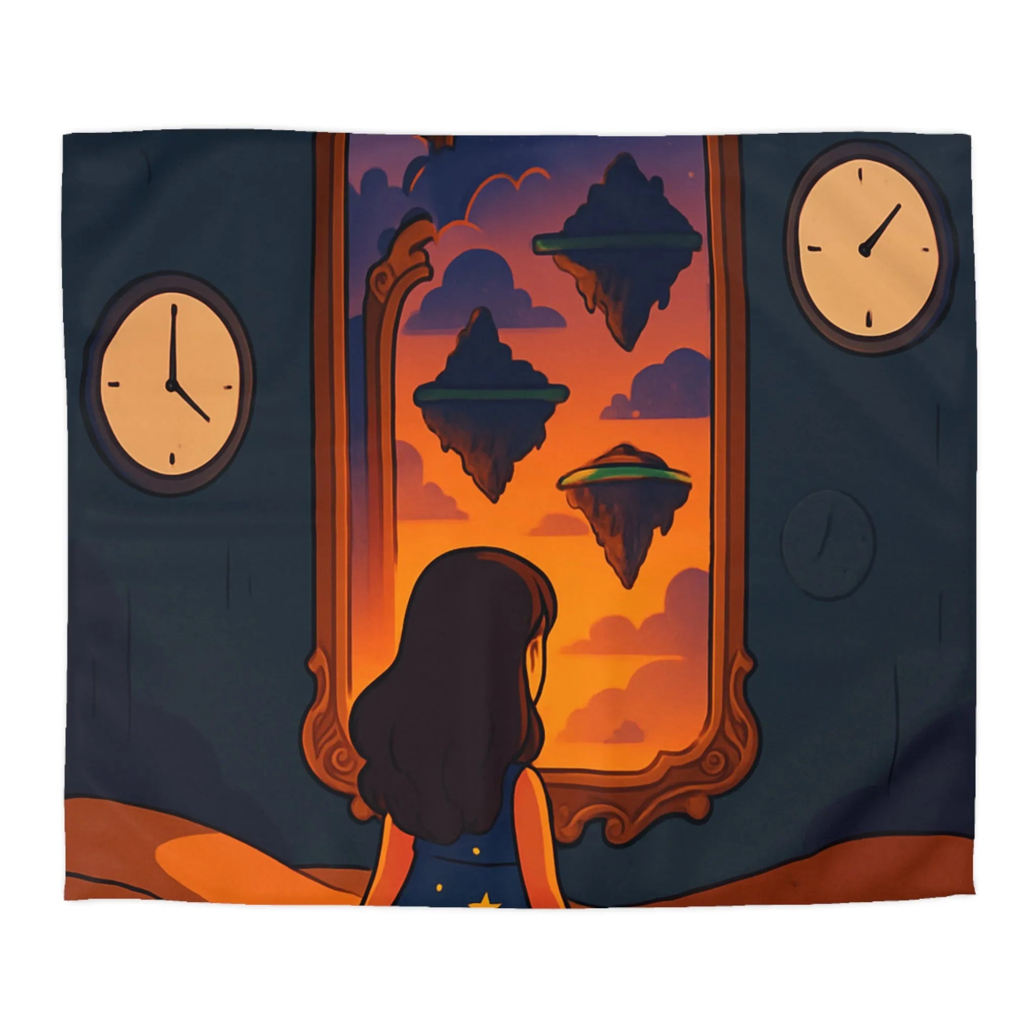 Housse de couette magique: paysage flottant, horloges rêveuses et fille contemplative