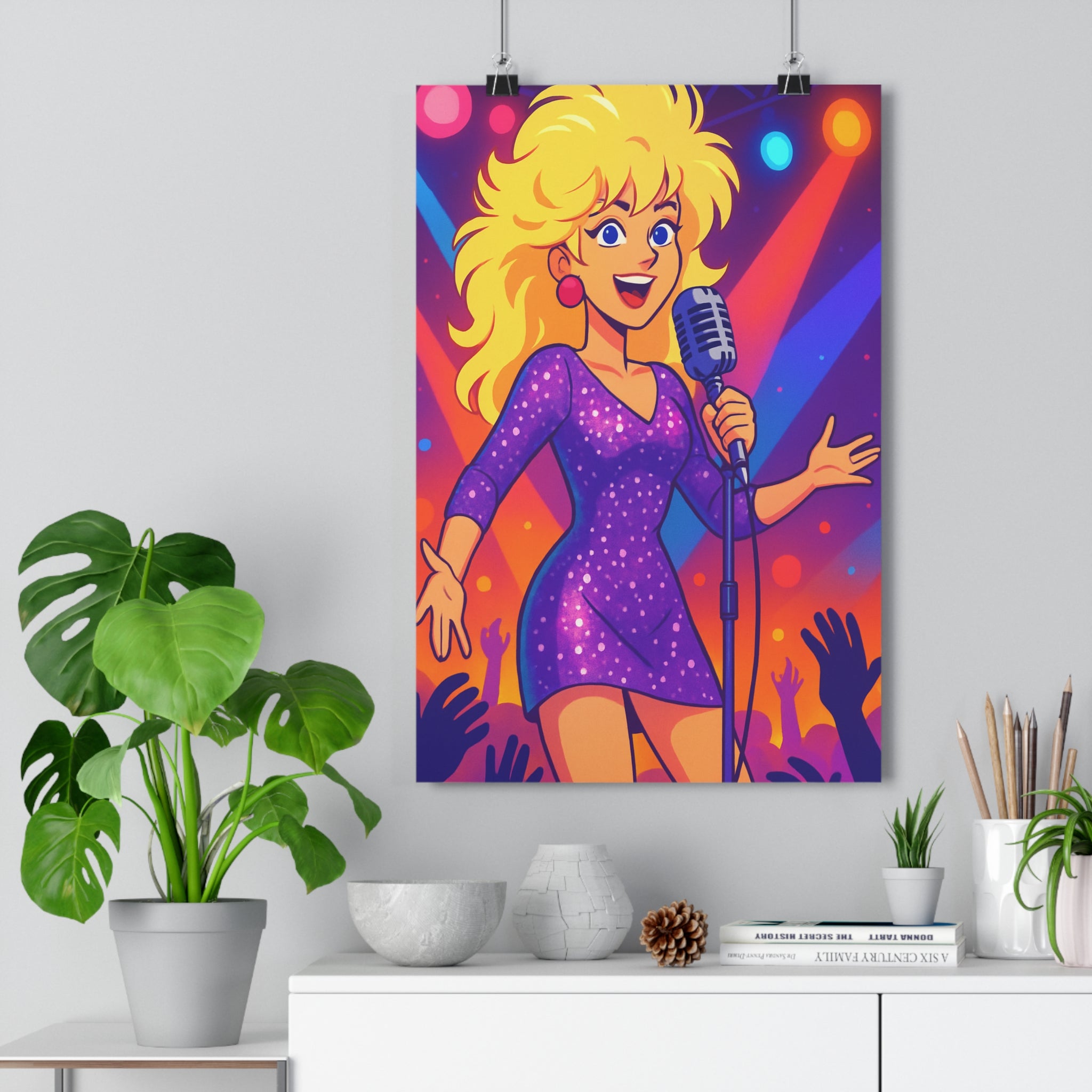 Poster décoratif rétro vintage chanteuse scène violet multicolore joyeux chambre musique dessin animé 30x46