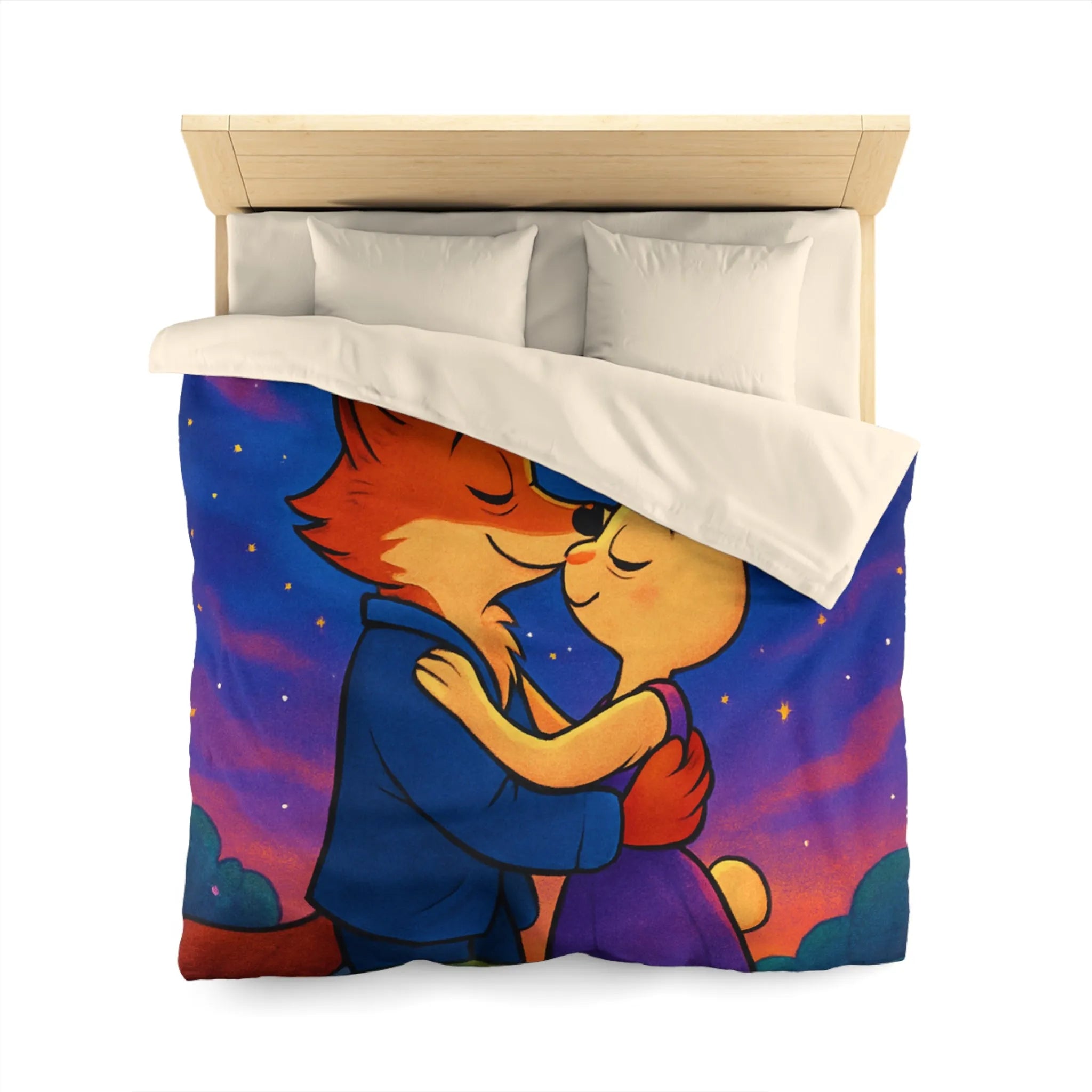 Housse de couette avec renard et lapin amoureux sous ciel étoilé romantique