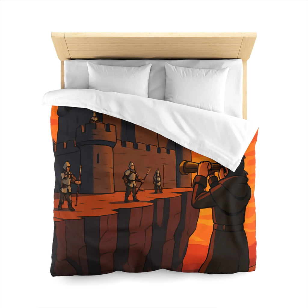 Housse de couette médiévale avec forteresse et observateur sous coucher de soleil épique