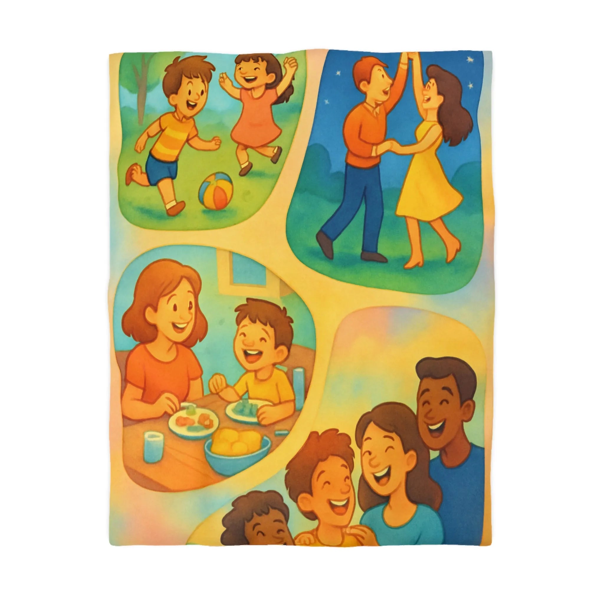 Housse de couette colorée illustrant des scènes joyeuses de la vie quotidienne familiale