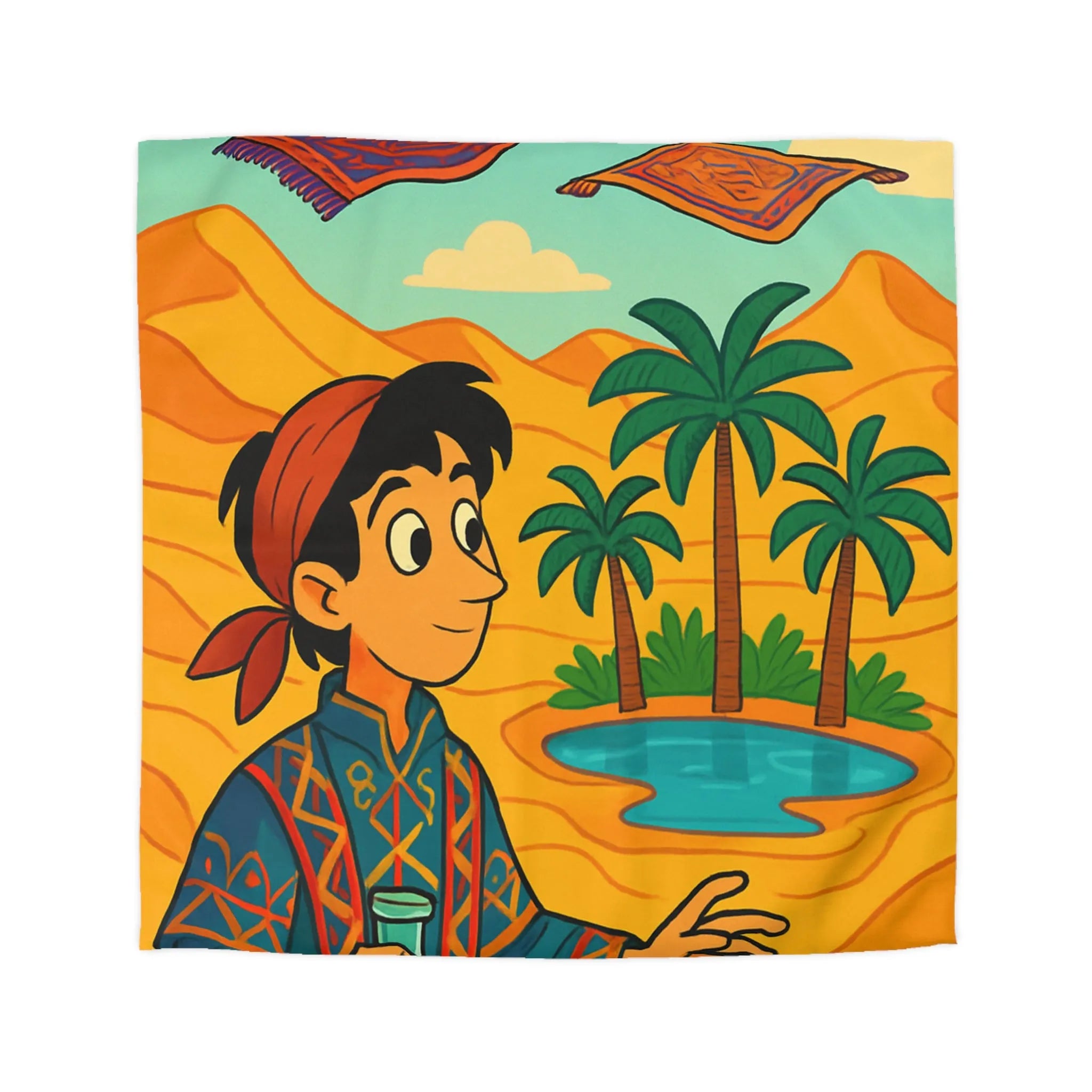 Housse de couette magique avec tapis volants et oasis sous ciel bleu désertique