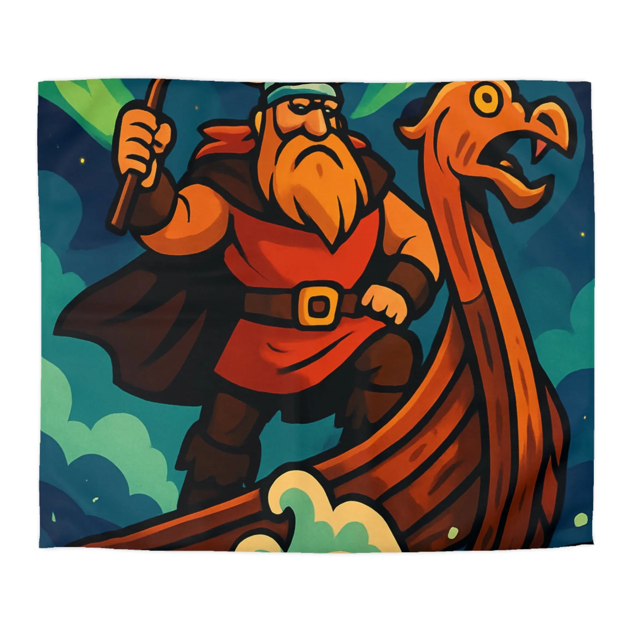 Housse de couette illustrée avec guerrier viking sur drakkar et aurores boréales