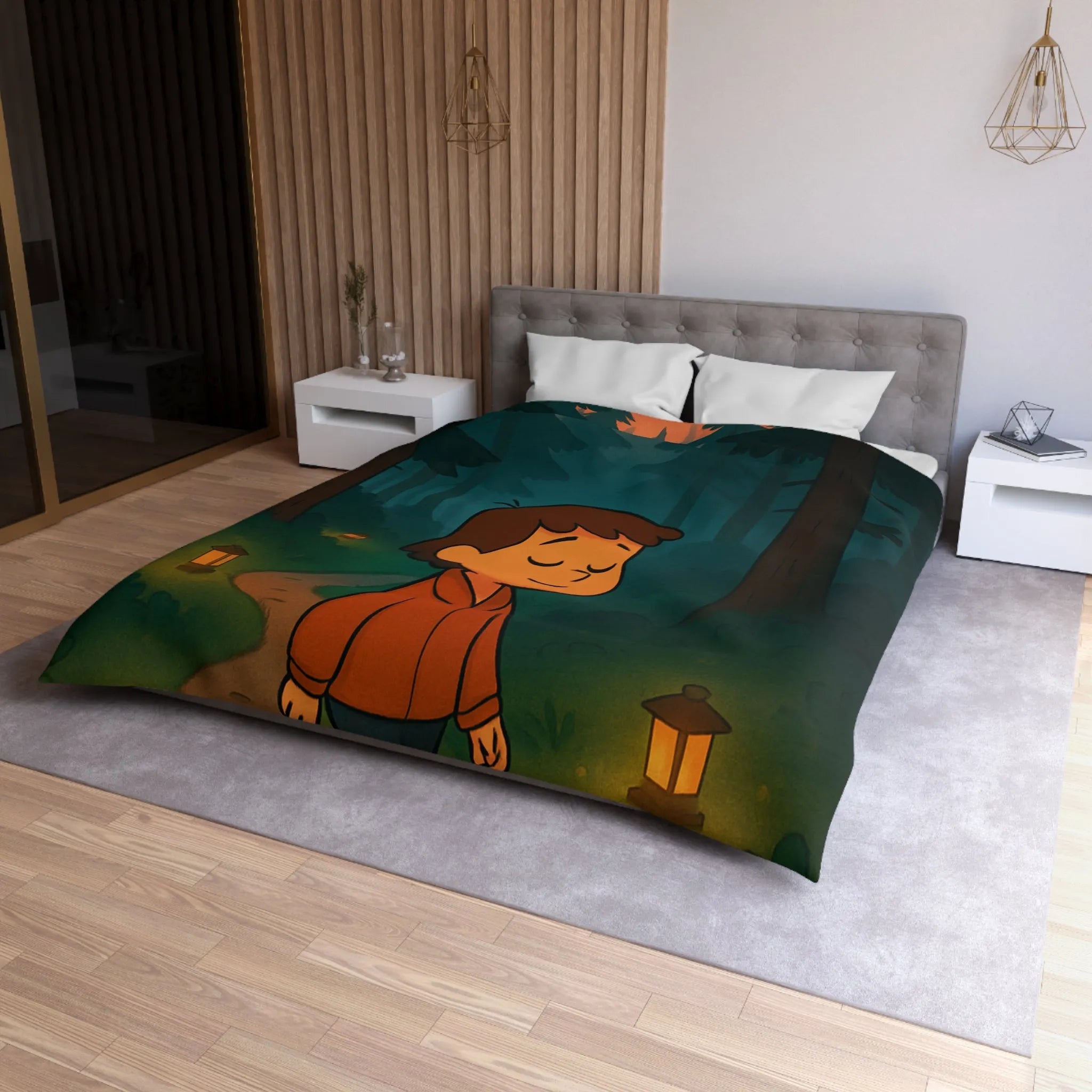 Housse de couette enfantine avec décor paisible de forêt au crépuscule pleine de lanternes