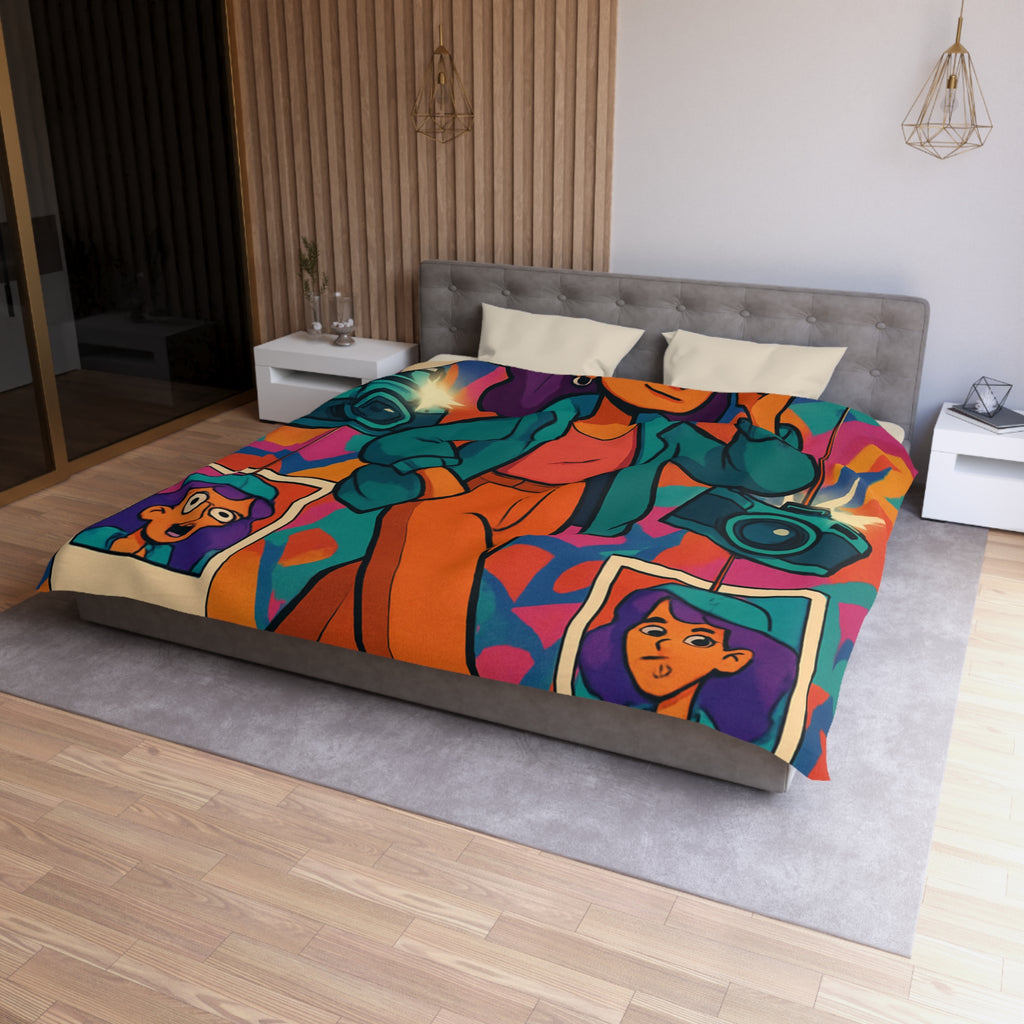 Housse de couette vivante avec personnage stylé marchant dans ambiance artistique colorée et ludique