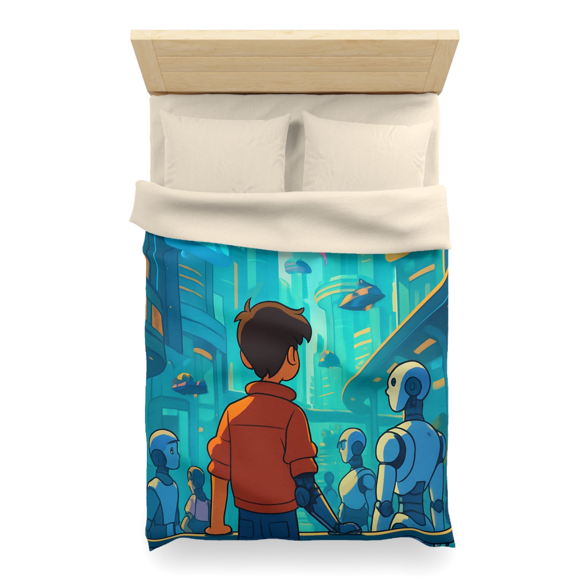 Housse de couette urbaine futuriste avec robots et affiches lumineuses pour chambre moderne