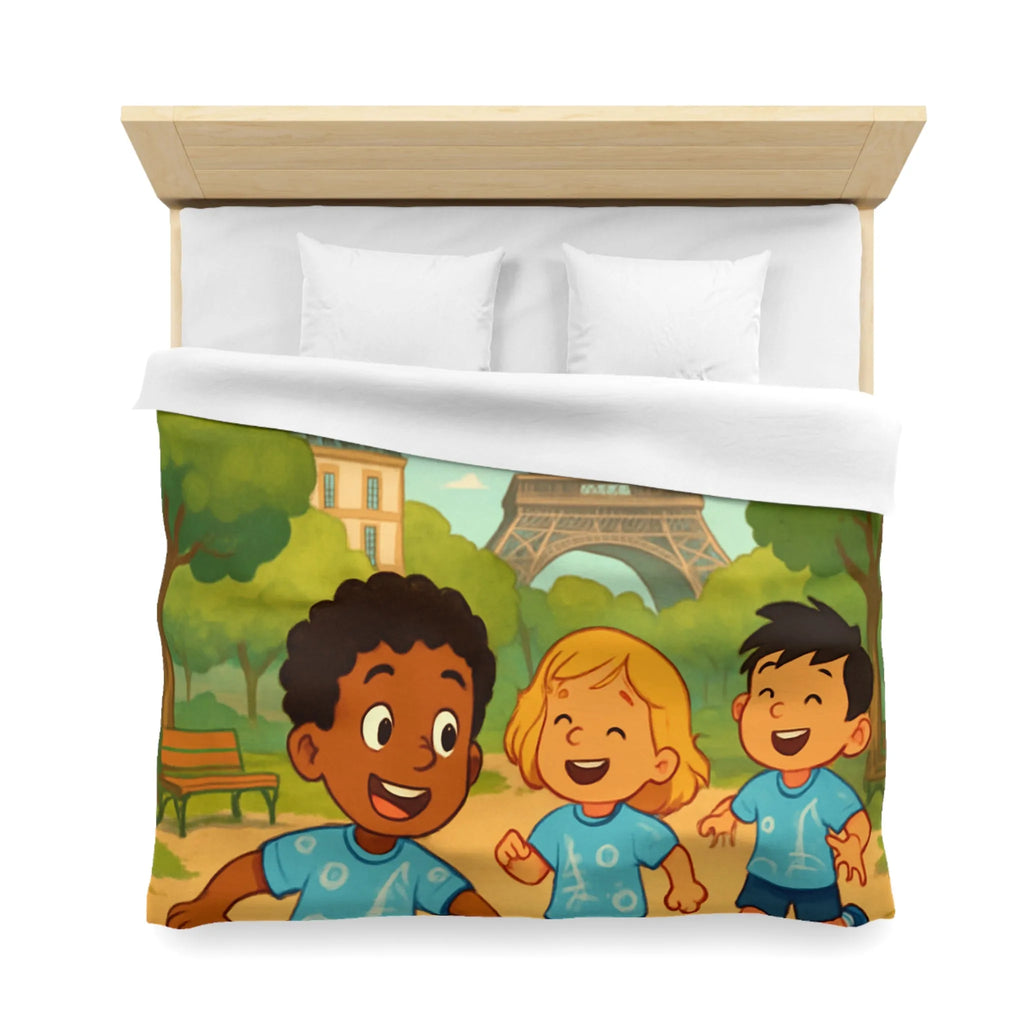 Housse de couette enfant avec tour iconique et cerfs-volants colorés en arrière-plan