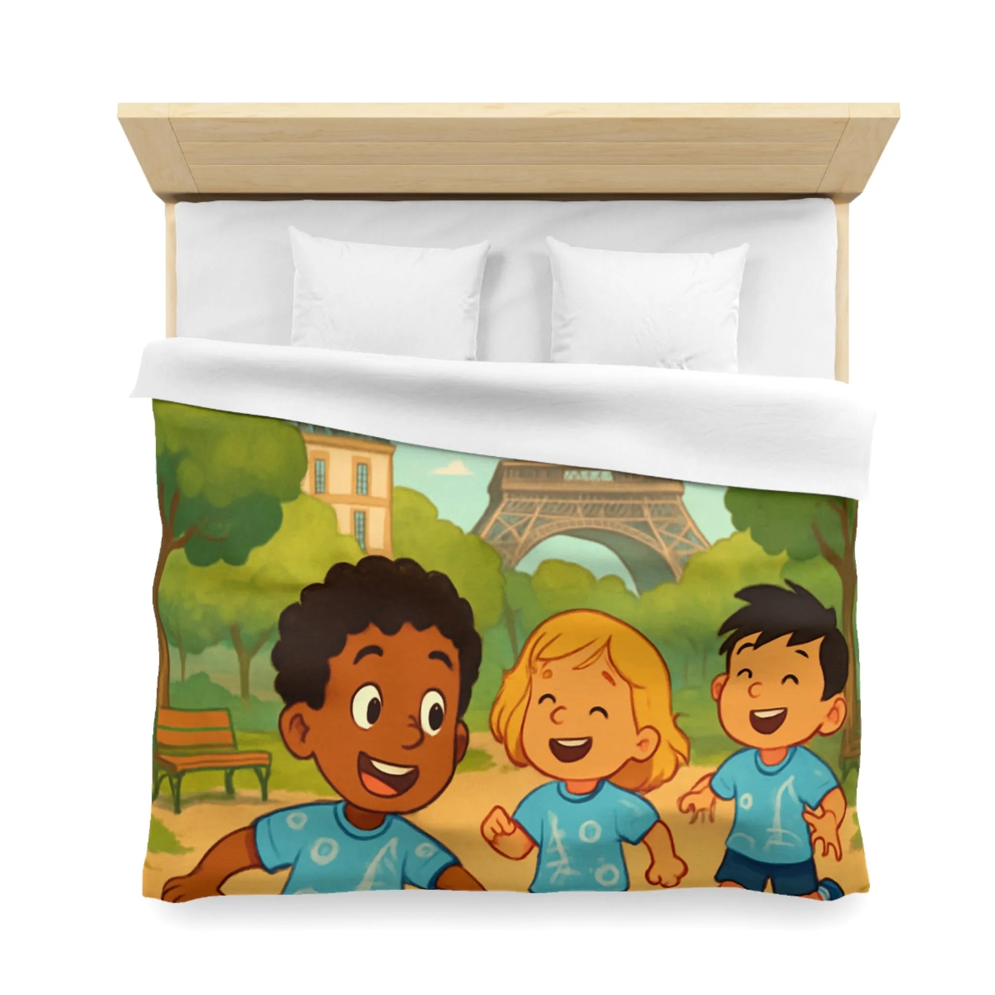 Housse de couette enfant avec tour iconique et cerfs-volants colorés en arrière-plan