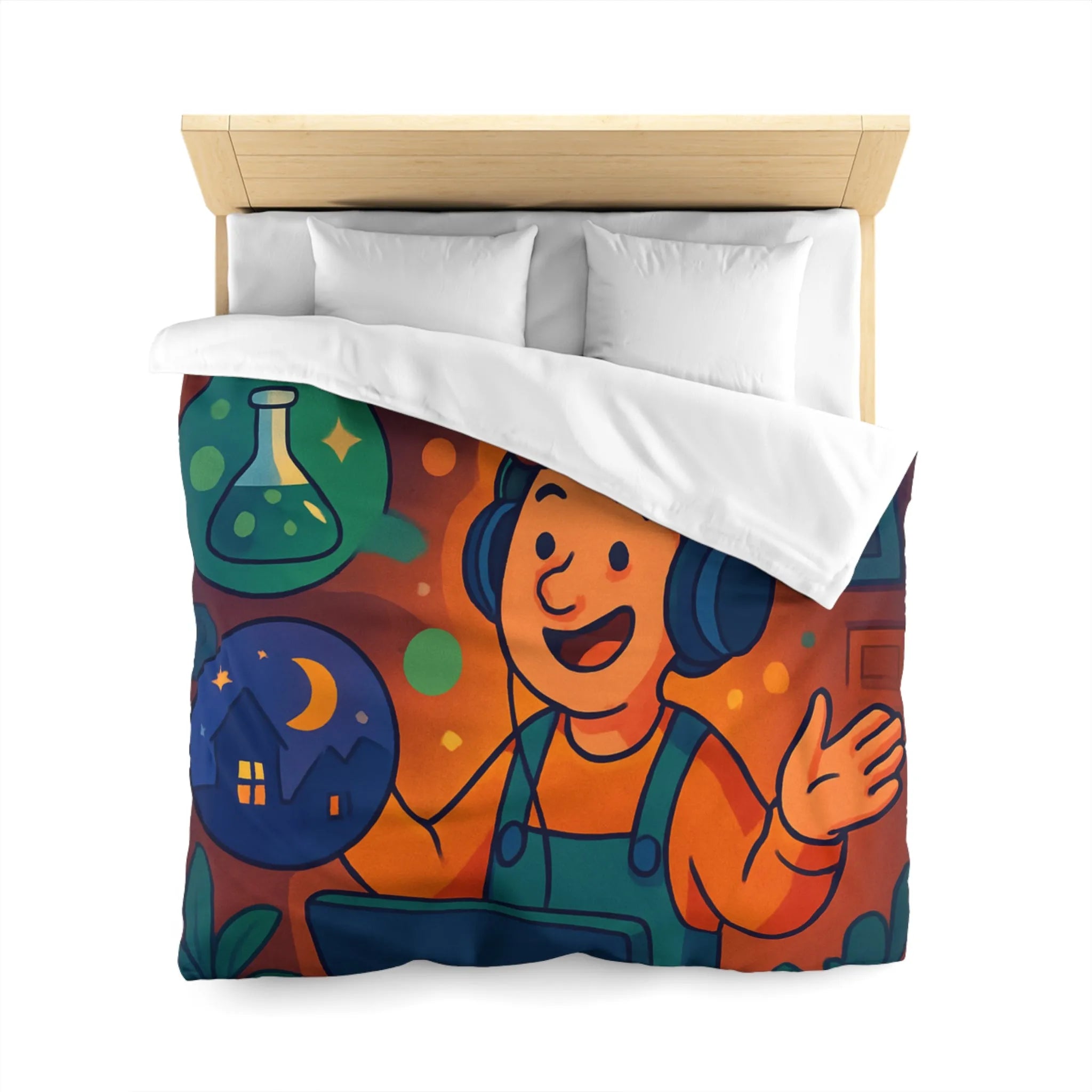 Housse de couette colorée avec illustrations de rêve, voyage et créativité pour enfant