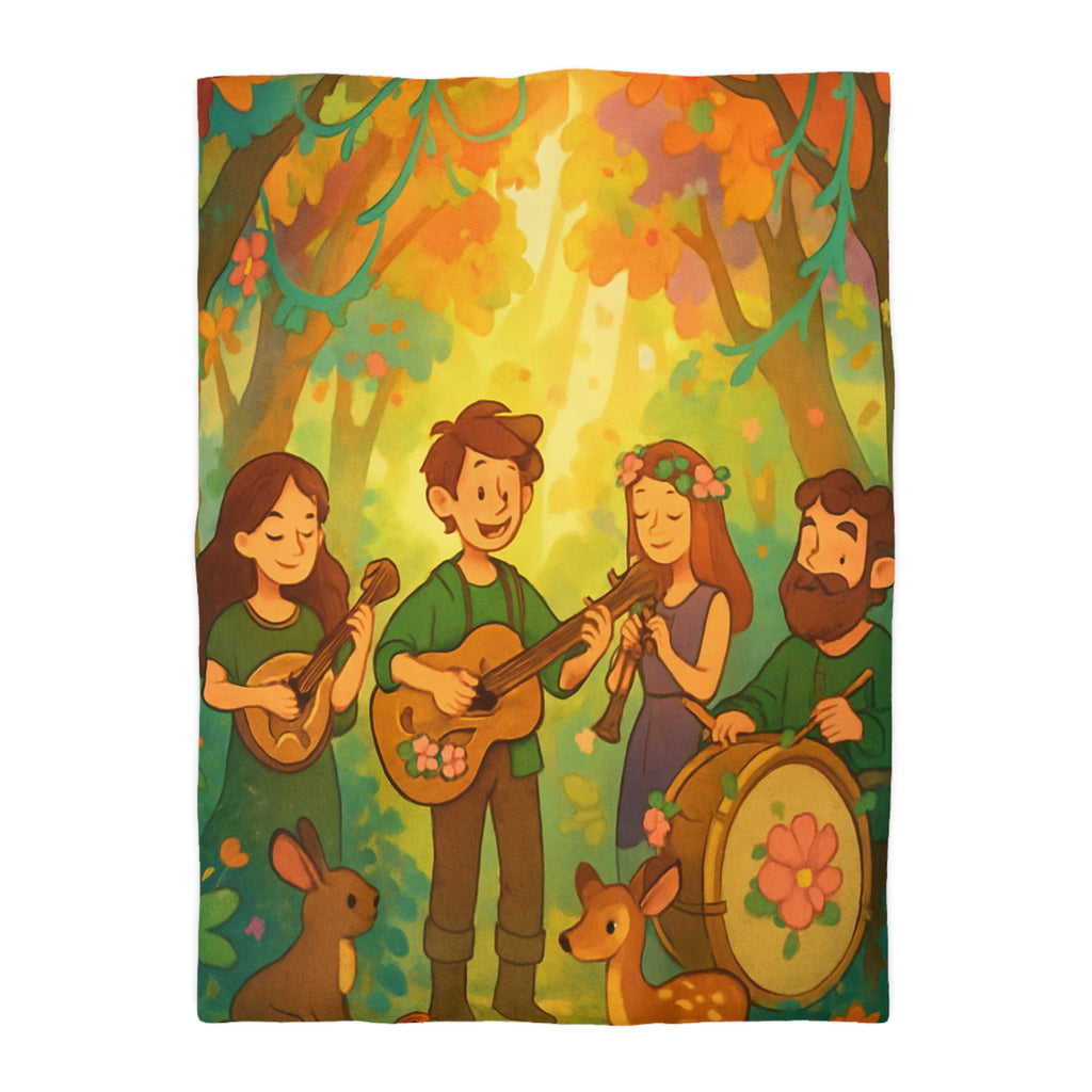 Housse de couette musicale enchantée forêt, animaux, motifs vibrants pour chambre féerique